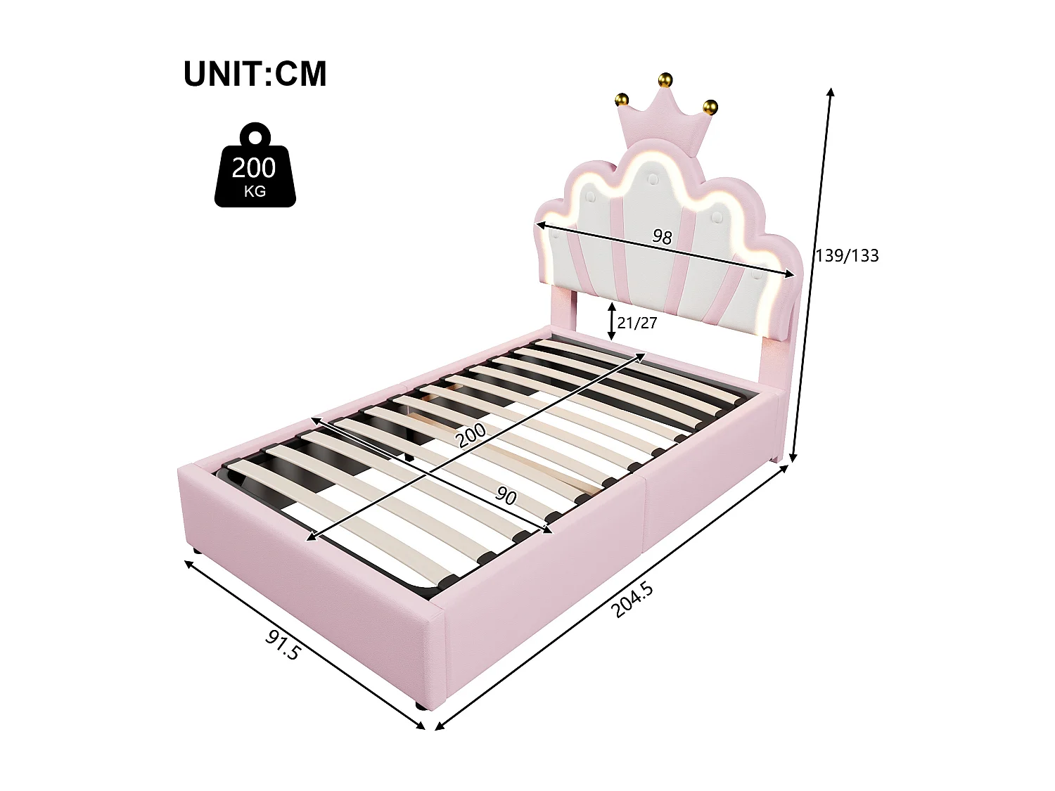 Lit enfant rembourré 90 x 200 cm - lit coffre - avec bande lumineuse LED - tête de lit réglable - rose (matelas non inclus)