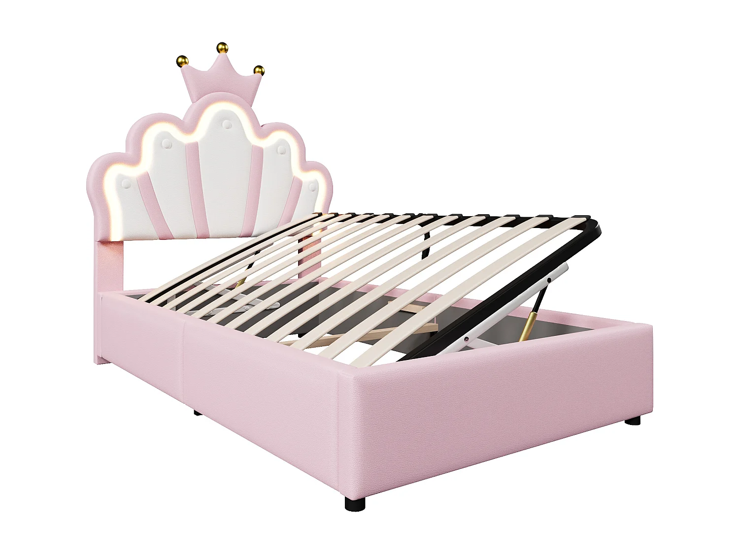 Lit enfant rembourré 90 x 200 cm - lit coffre - avec bande lumineuse LED - tête de lit réglable - rose (matelas non inclus)