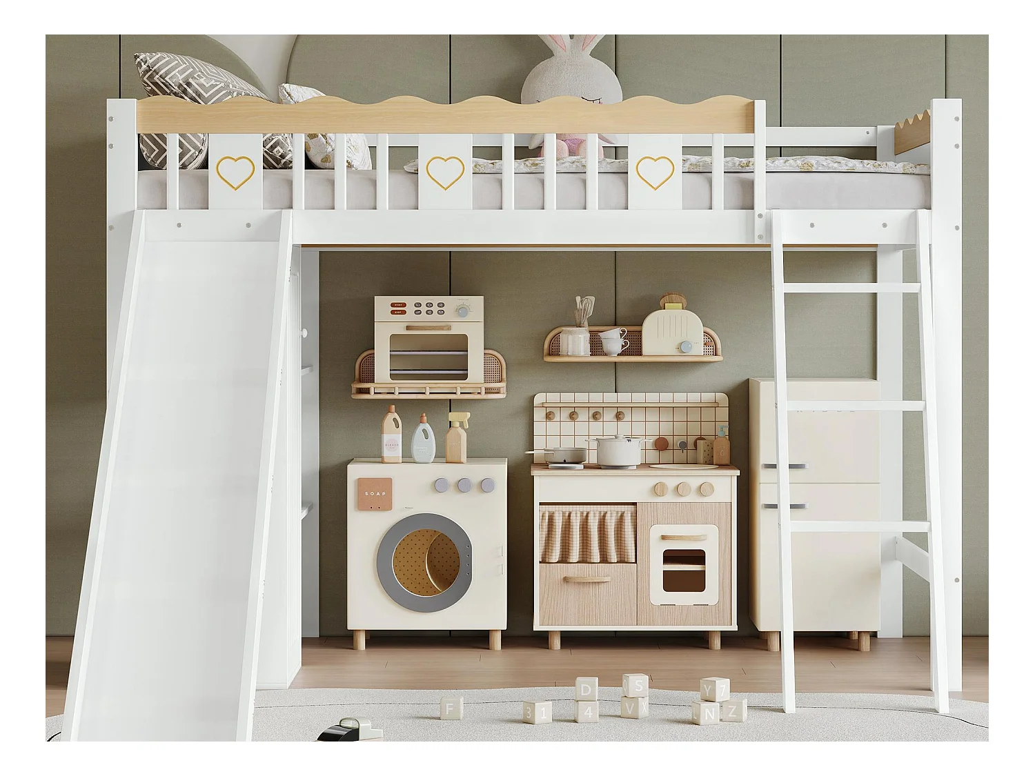 Letto soppalcato per bambini 90×200 cm - con armadio e ripiani - con scivolo per bambini - legno massello + MDF - bianco (materasso non incluso)