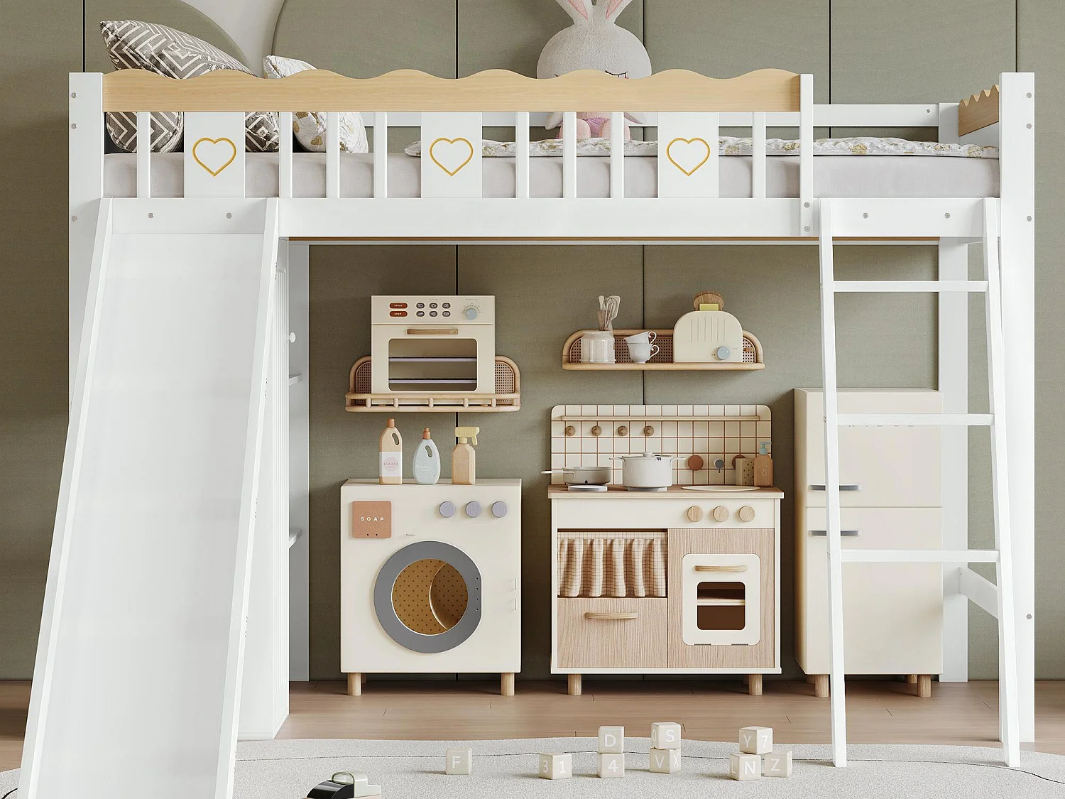 Kinder-Hochbett 90×200 cm - mit Schrank und Fächern - mit Kinderrutsche - Massivholz + MDF - weiß (Matratze nicht inbegriffen)