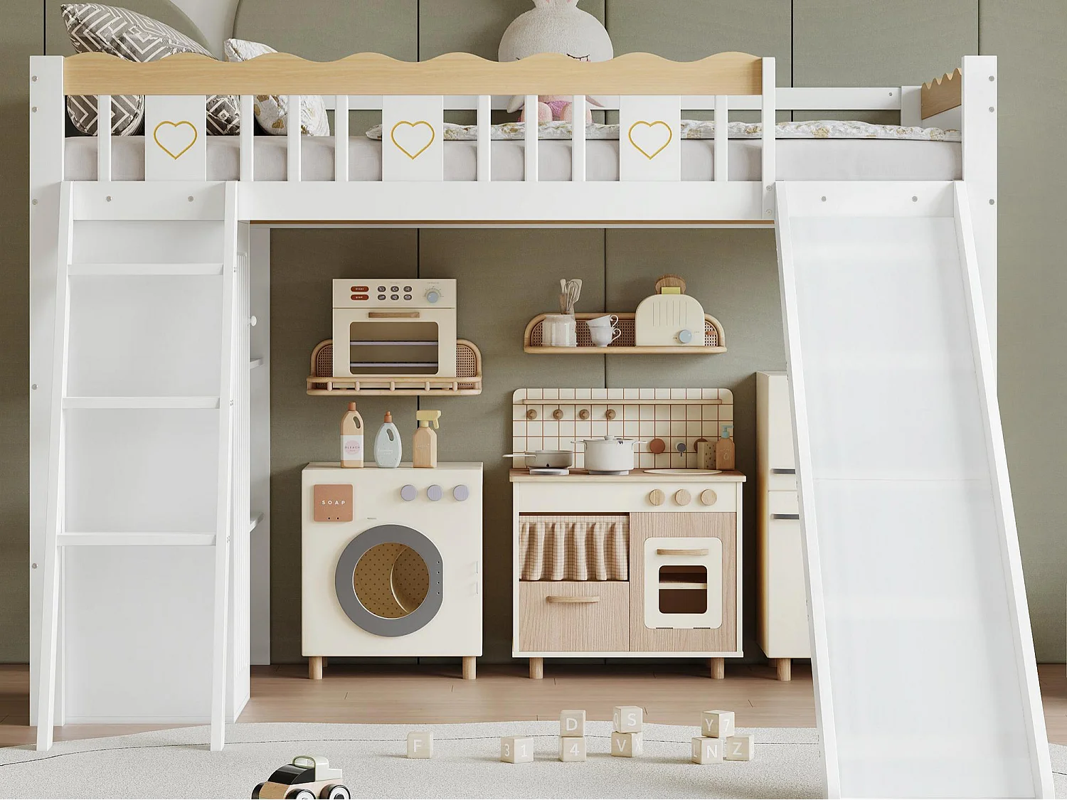 Kinder-Hochbett 90×200 cm - mit Schrank und Fächern - mit Kinderrutsche - Massivholz + MDF - weiß (Matratze nicht inbegriffen)