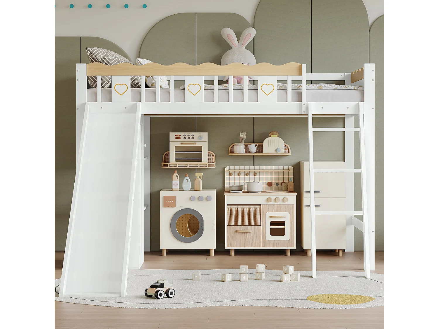 Kinder-Hochbett 90×200 cm - mit Schrank und Fächern - mit Kinderrutsche - Massivholz + MDF - weiß (Matratze nicht inbegriffen)