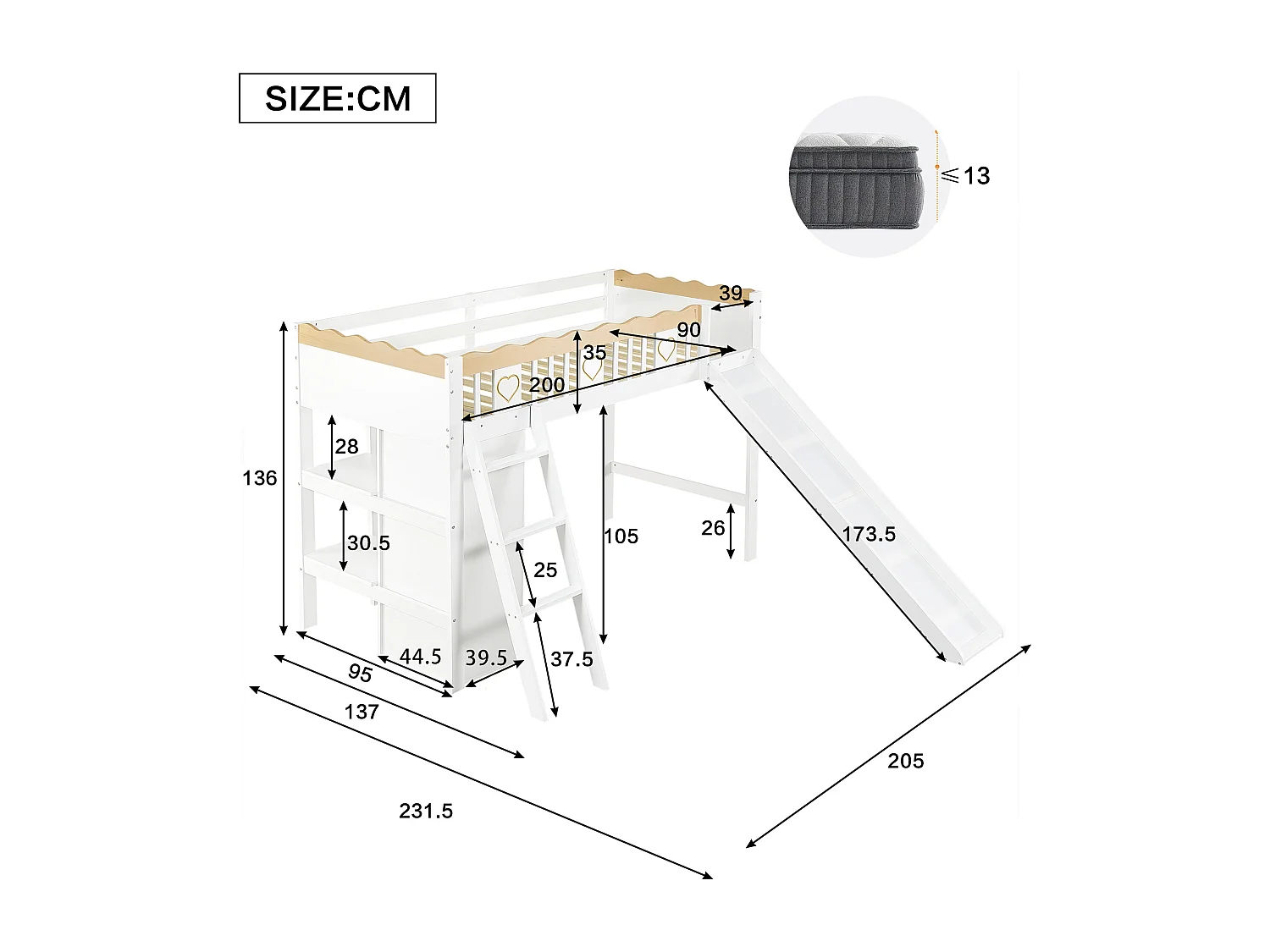 Kinder-Hochbett 90×200 cm - mit Schrank und Fächern - mit Kinderrutsche - Massivholz + MDF - weiß (Matratze nicht inbegriffen)