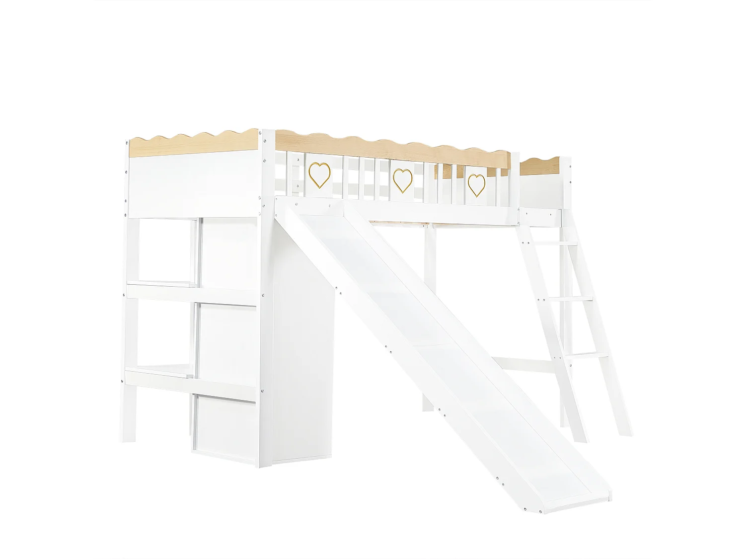 Kinder-Hochbett 90×200 cm - mit Schrank und Fächern - mit Kinderrutsche - Massivholz + MDF - weiß (Matratze nicht inbegriffen)