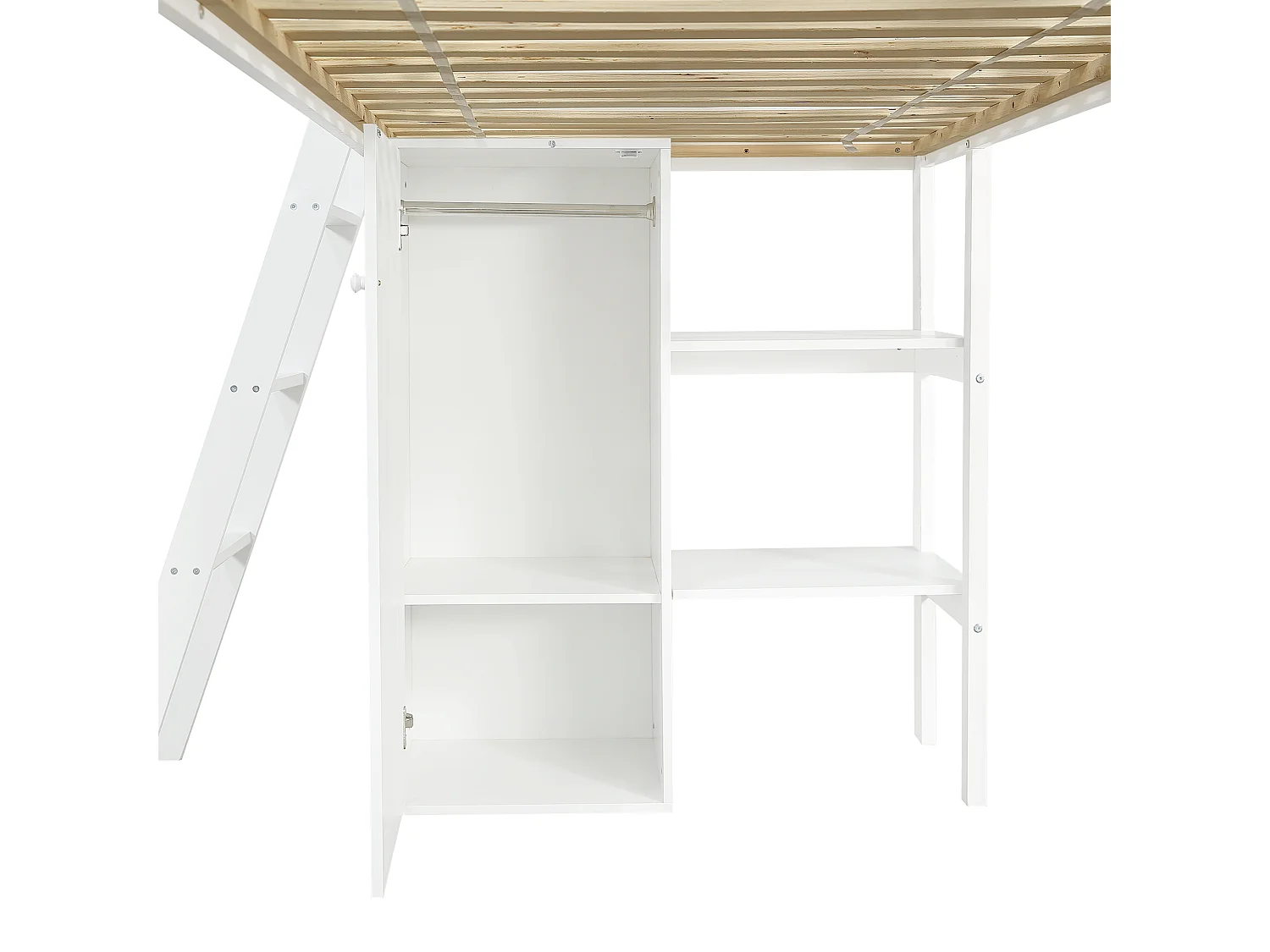 Kinder-Hochbett 90×200 cm - mit Schrank und Fächern - mit Kinderrutsche - Massivholz + MDF - weiß (Matratze nicht inbegriffen)