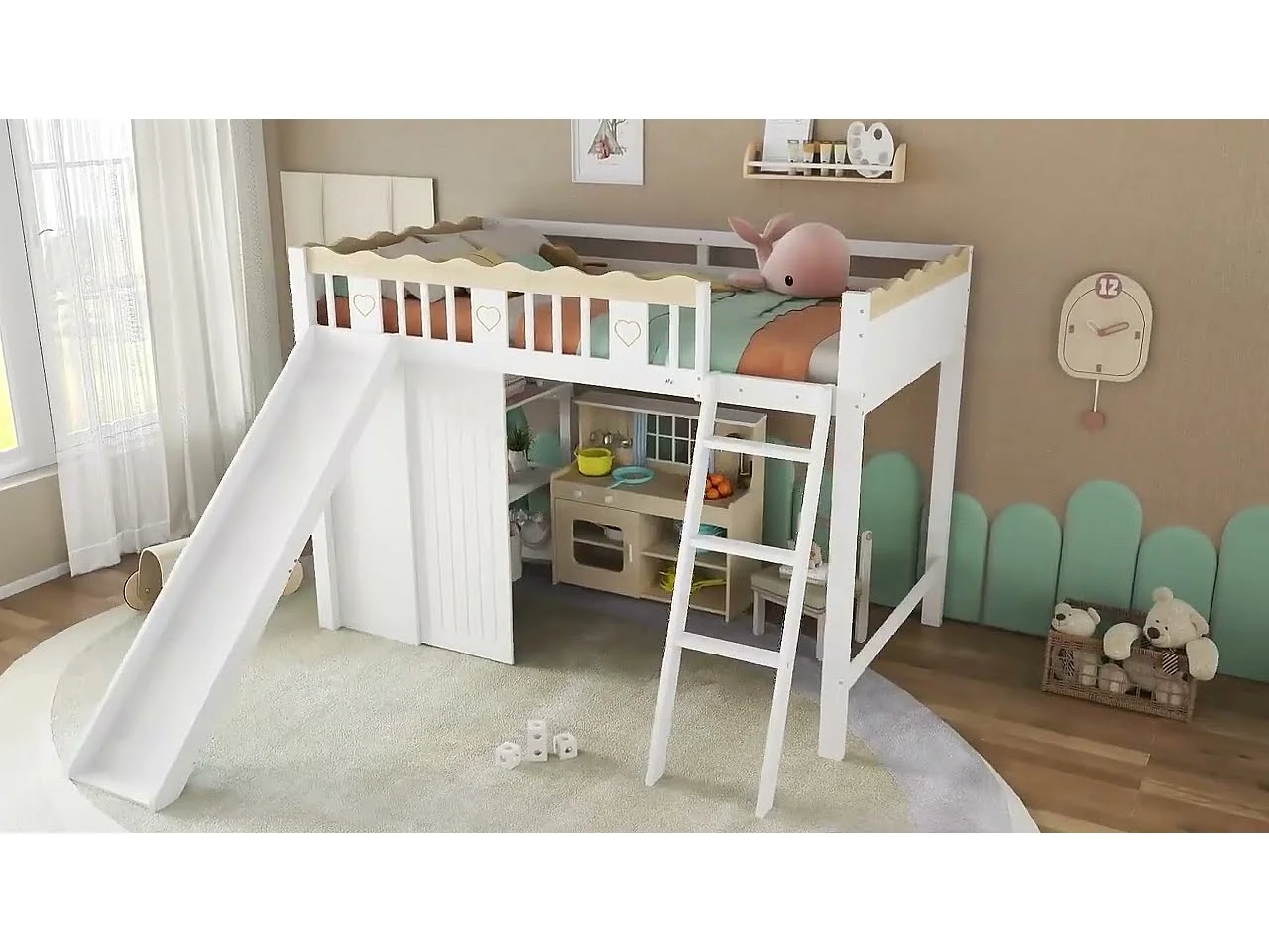 Loftseng 90x200 cm - med garderobe og skabe - med rutchebane - massivt træ + MDF - Hvid (madras medfølger ikke)