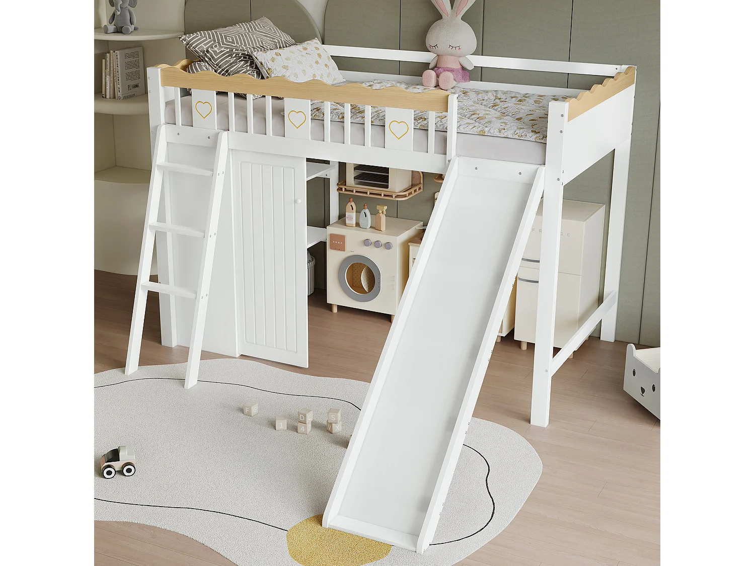 Loftseng 90x200 cm - med garderobe og skabe - med rutchebane - massivt træ + MDF - Hvid (madras medfølger ikke)