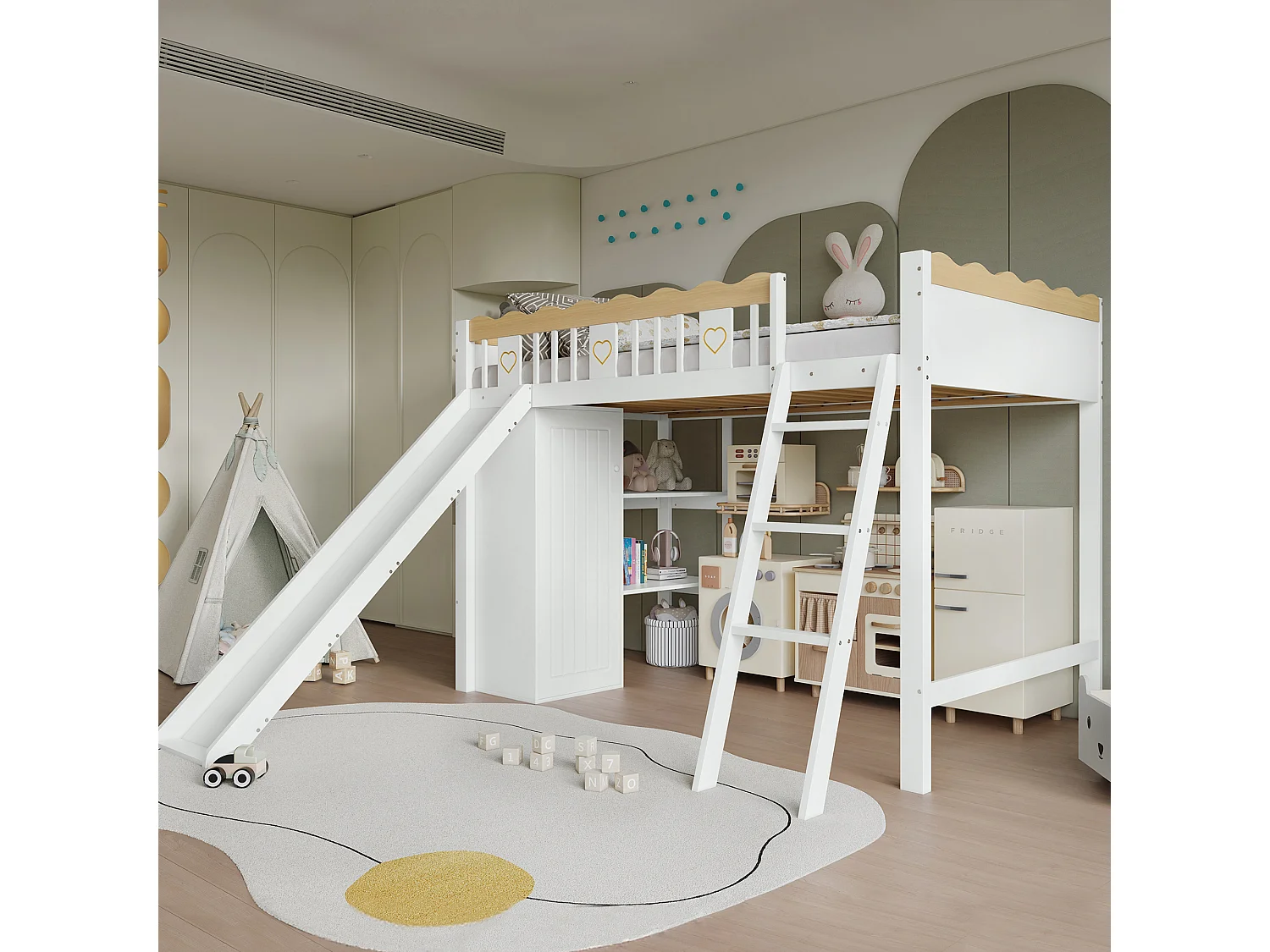 Loftseng 90x200 cm - med garderobe og skabe - med rutchebane - massivt træ + MDF - Hvid (madras medfølger ikke)