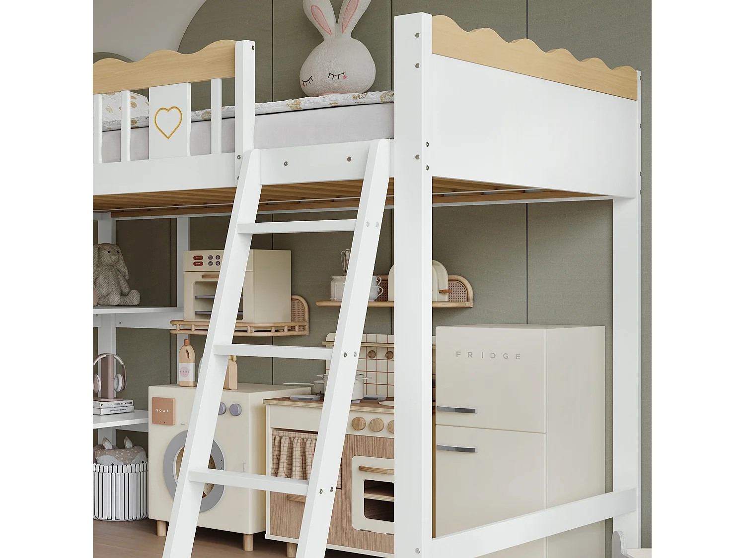 Loftseng 90x200 cm - med garderobe og skabe - med rutchebane - massivt træ + MDF - Hvid (madras medfølger ikke)