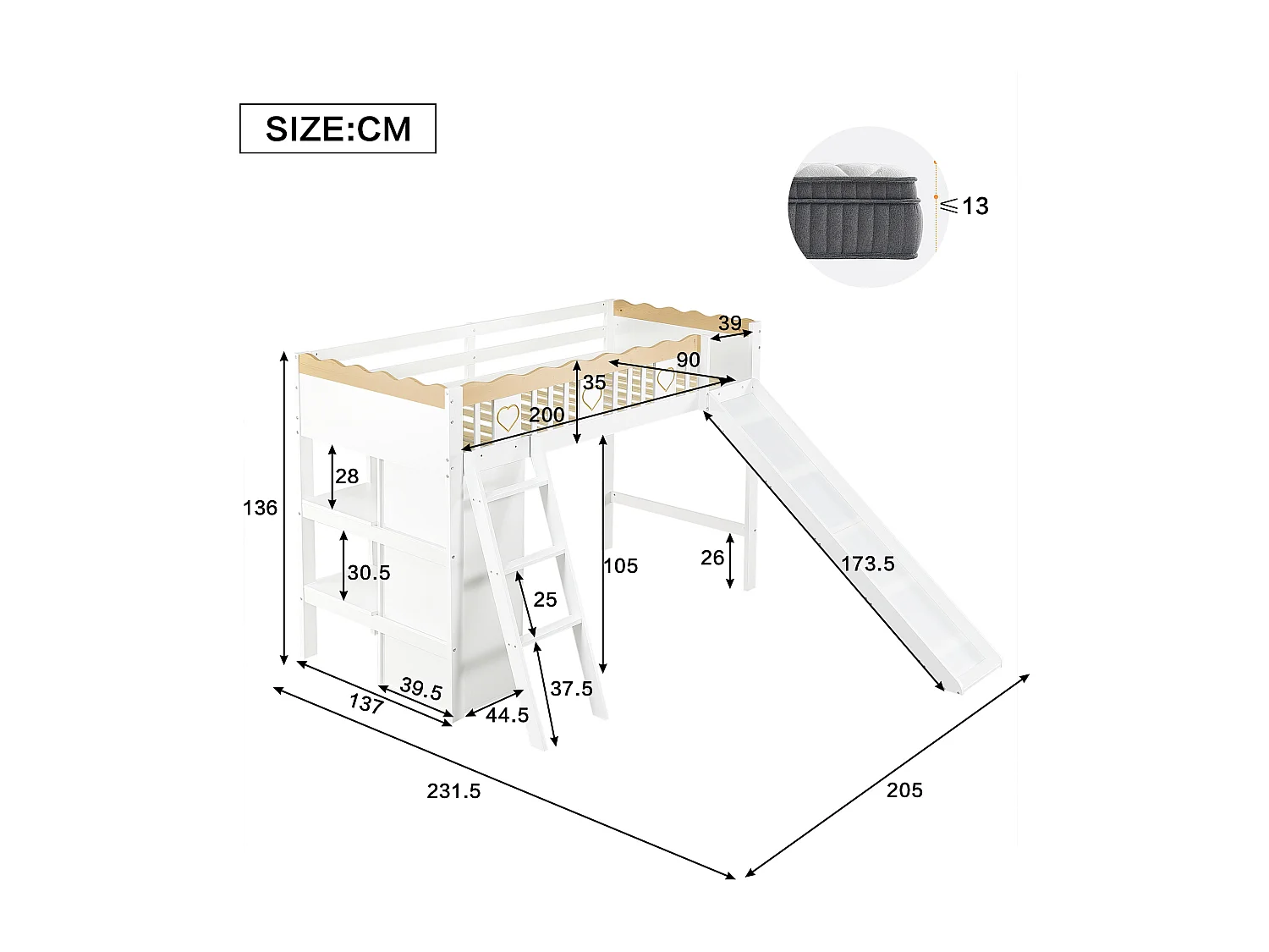 Loftseng 90x200 cm - med garderobe og skabe - med rutchebane - massivt træ + MDF - Hvid (madras medfølger ikke)