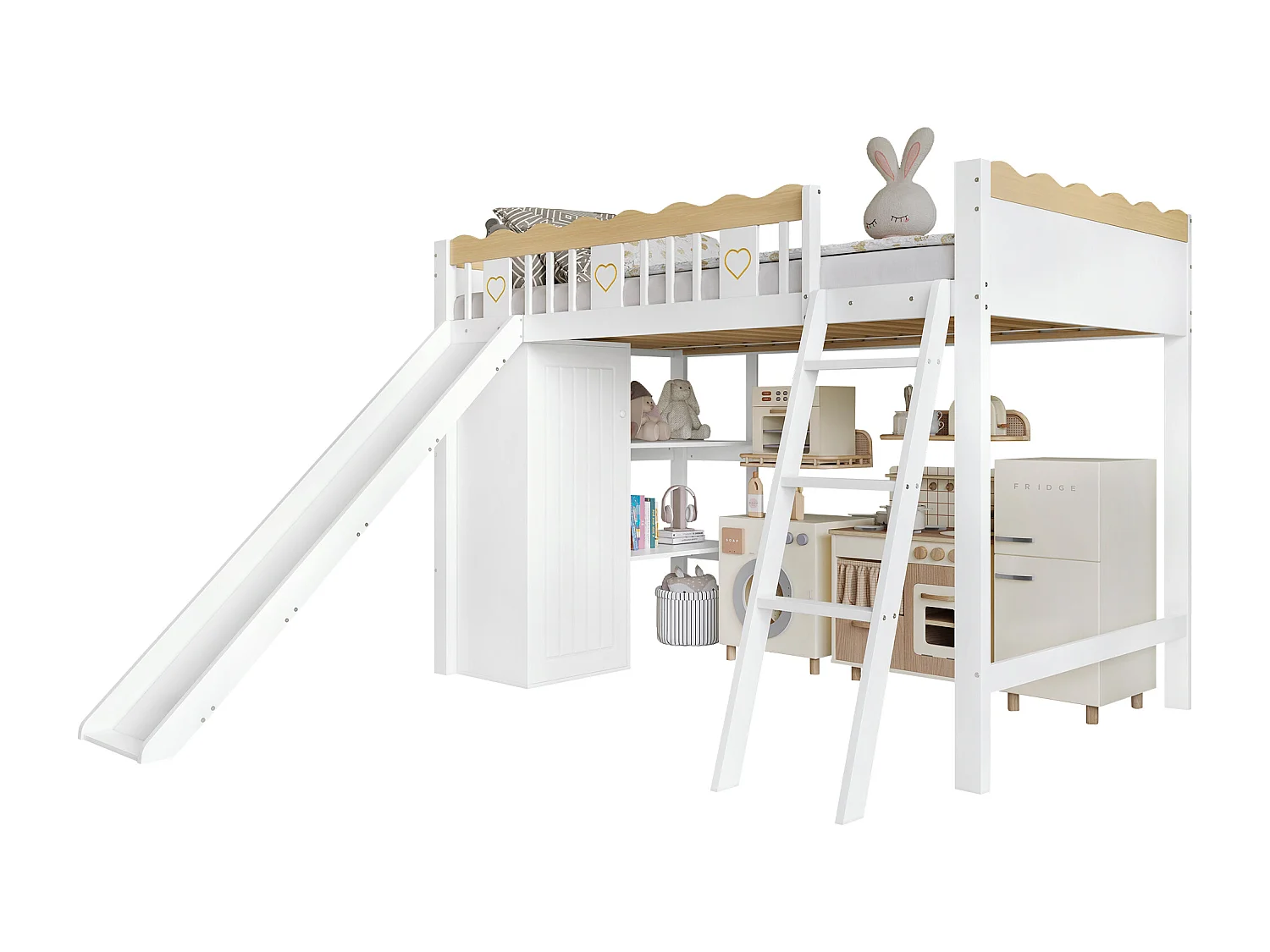 Loftseng 90x200 cm - med garderobe og skabe - med rutchebane - massivt træ + MDF - Hvid (madras medfølger ikke)