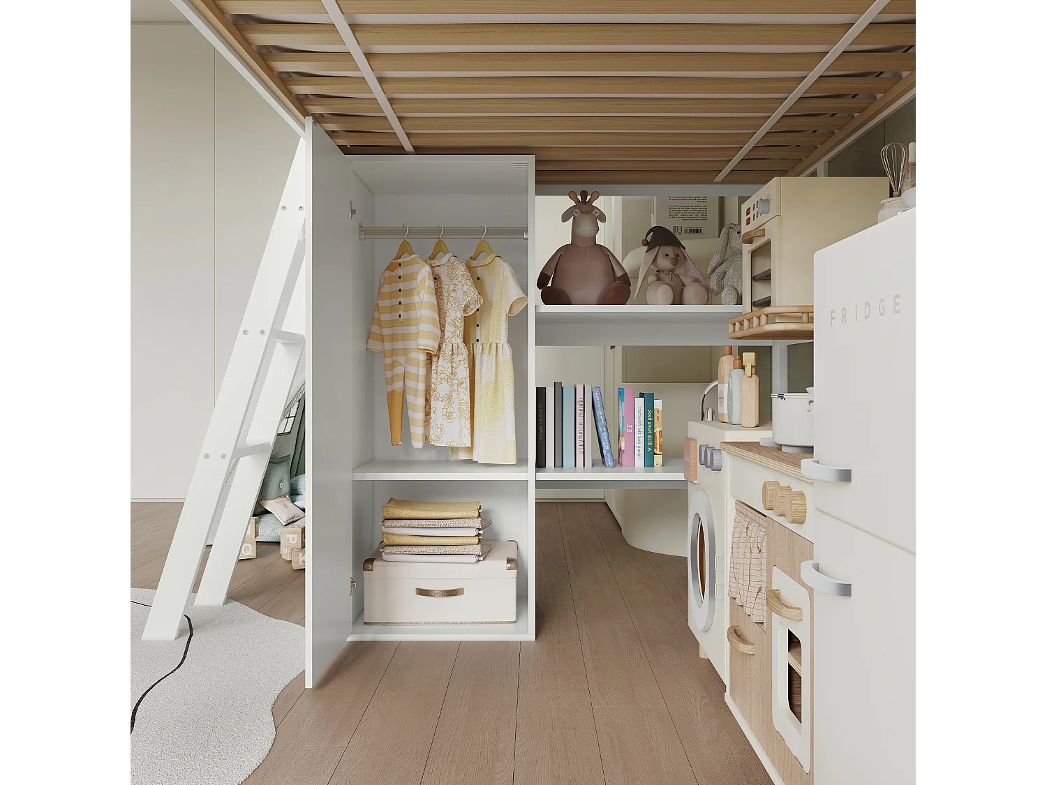 Loftseng 90x200 cm - med garderobe og skabe - med rutchebane - massivt træ + MDF - Hvid (madras medfølger ikke)