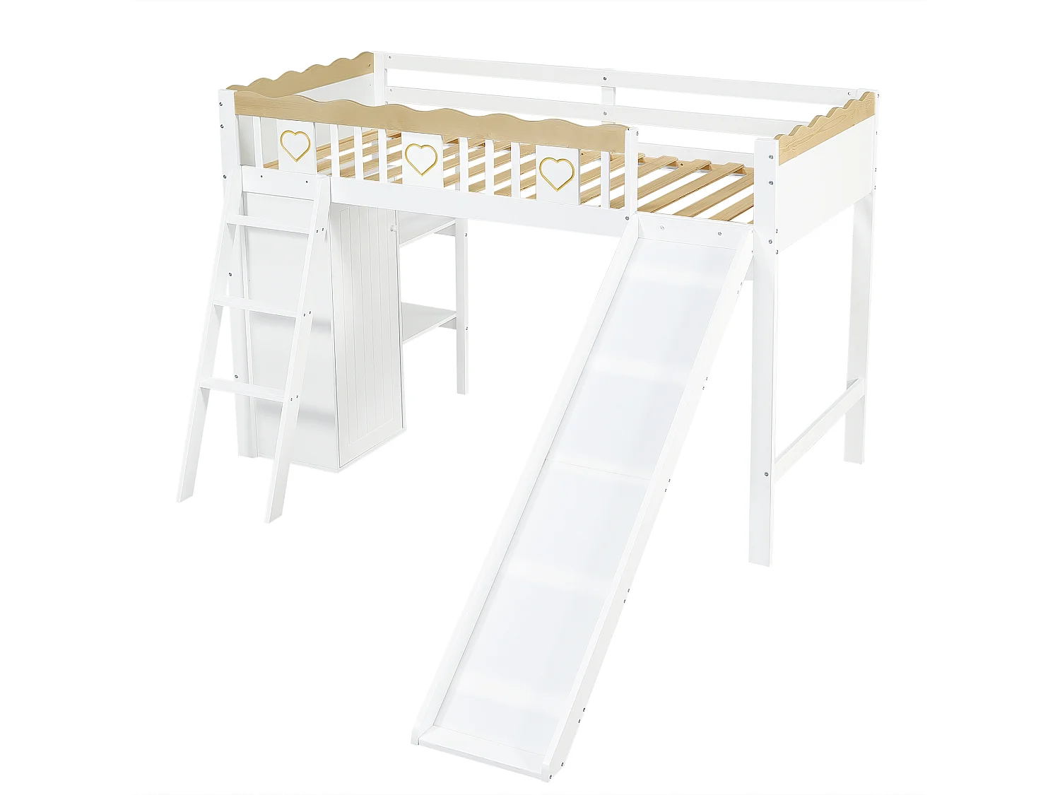 Loftseng 90x200 cm - med garderobe og skabe - med rutchebane - massivt træ + MDF - Hvid (madras medfølger ikke)
