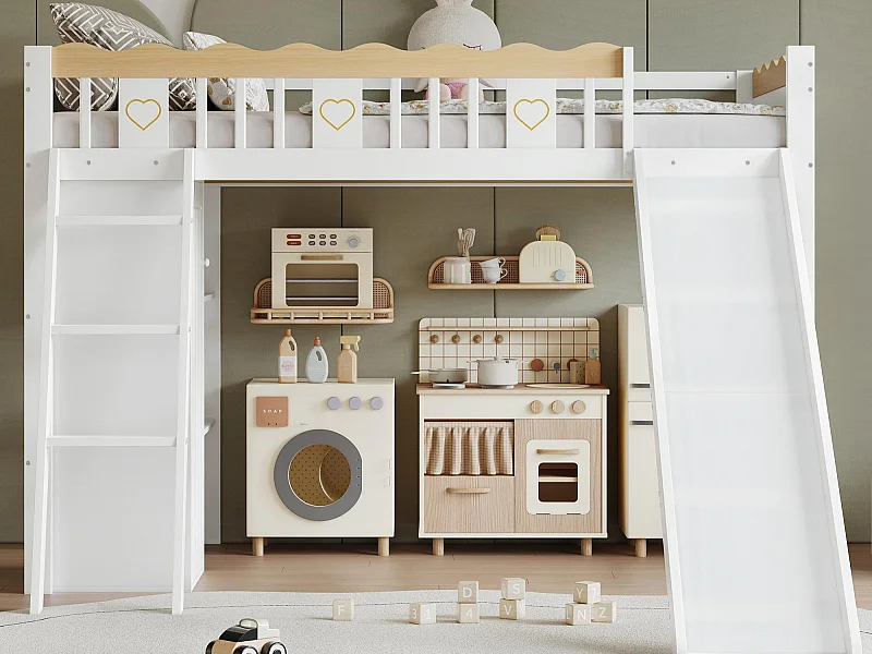 Kinder-Hochbett 90×200 cm - mit Schrank und Fächern - mit Kinderrutsche - Massivholz + MDF - weiß (Matratze nicht inbegriffen)