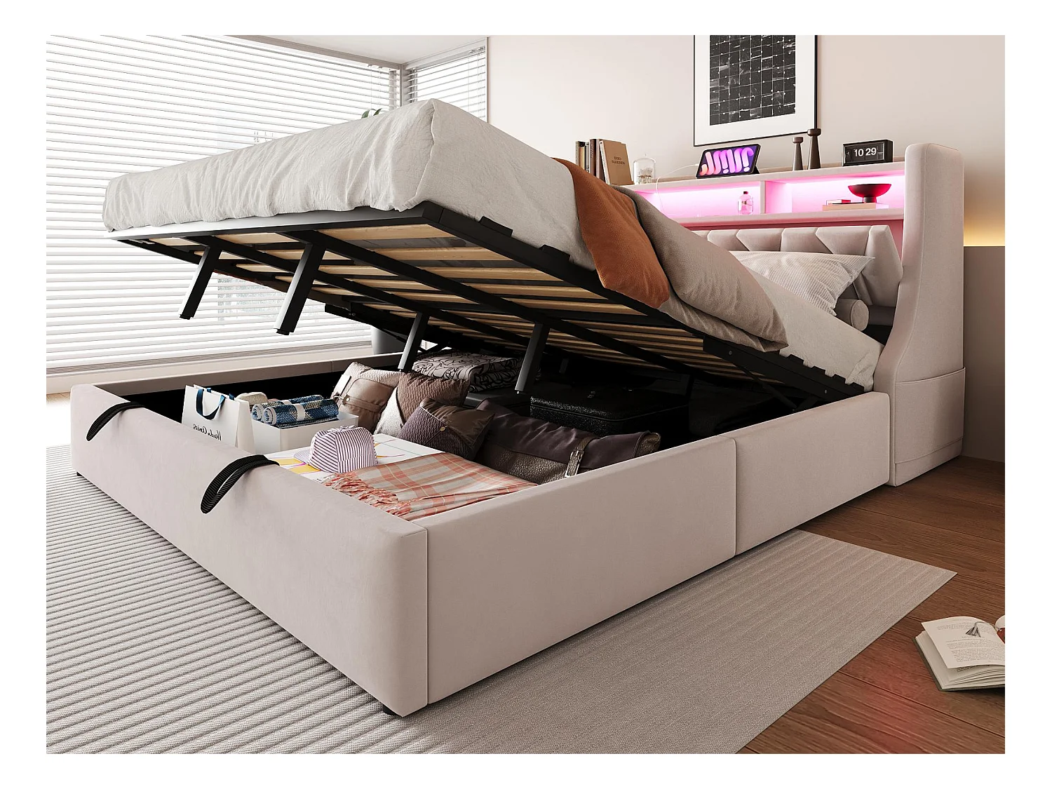 Lit coffre rembourré 180x200 cm - Tête de lit rabattable - Avec prise électrique - Avec éclairage LED - Velours - Beige (matelas non inclus)