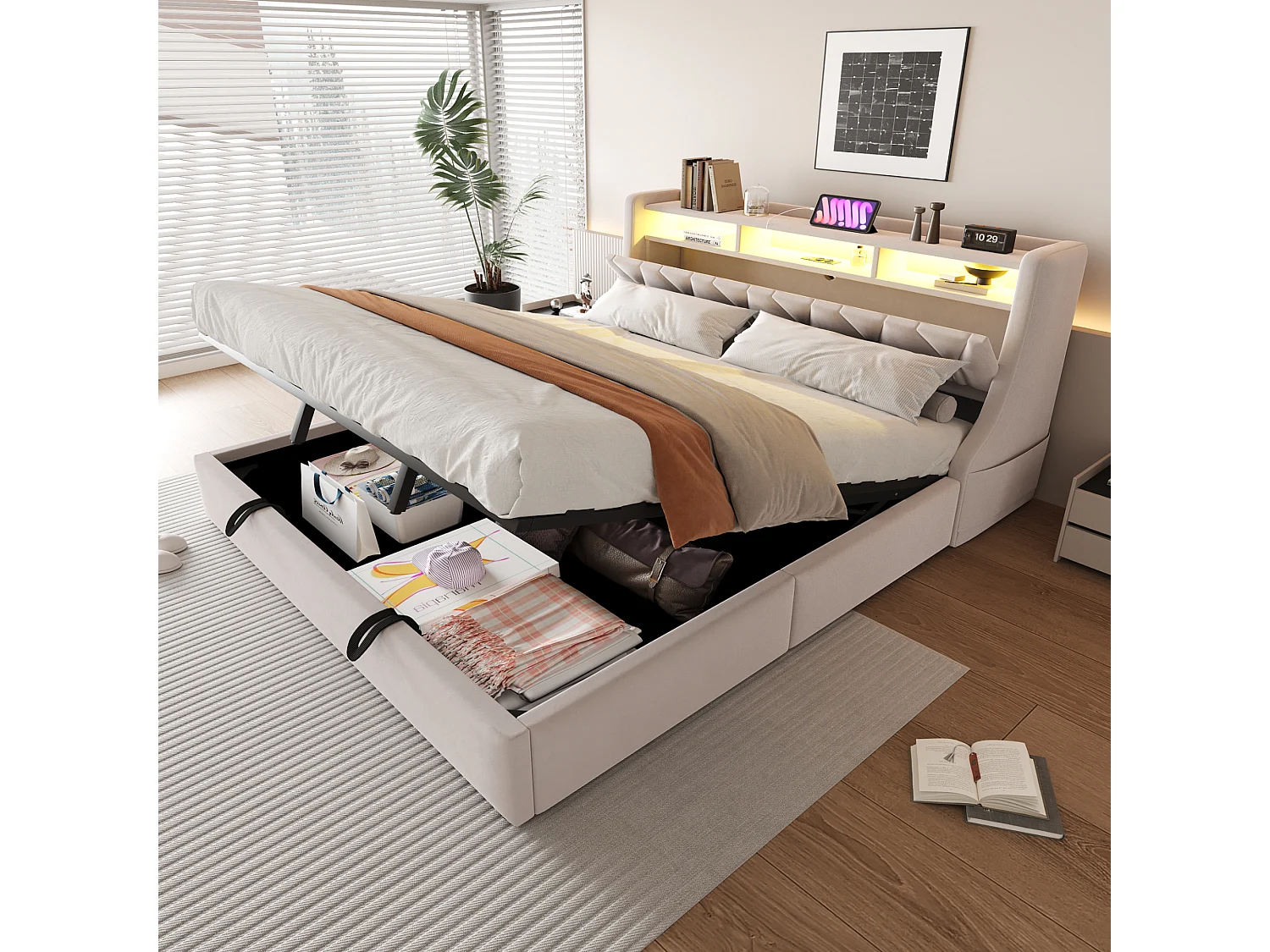 Lit coffre rembourré 180x200 cm - Tête de lit rabattable - Avec prise électrique - Avec éclairage LED - Velours - Beige (matelas non inclus)