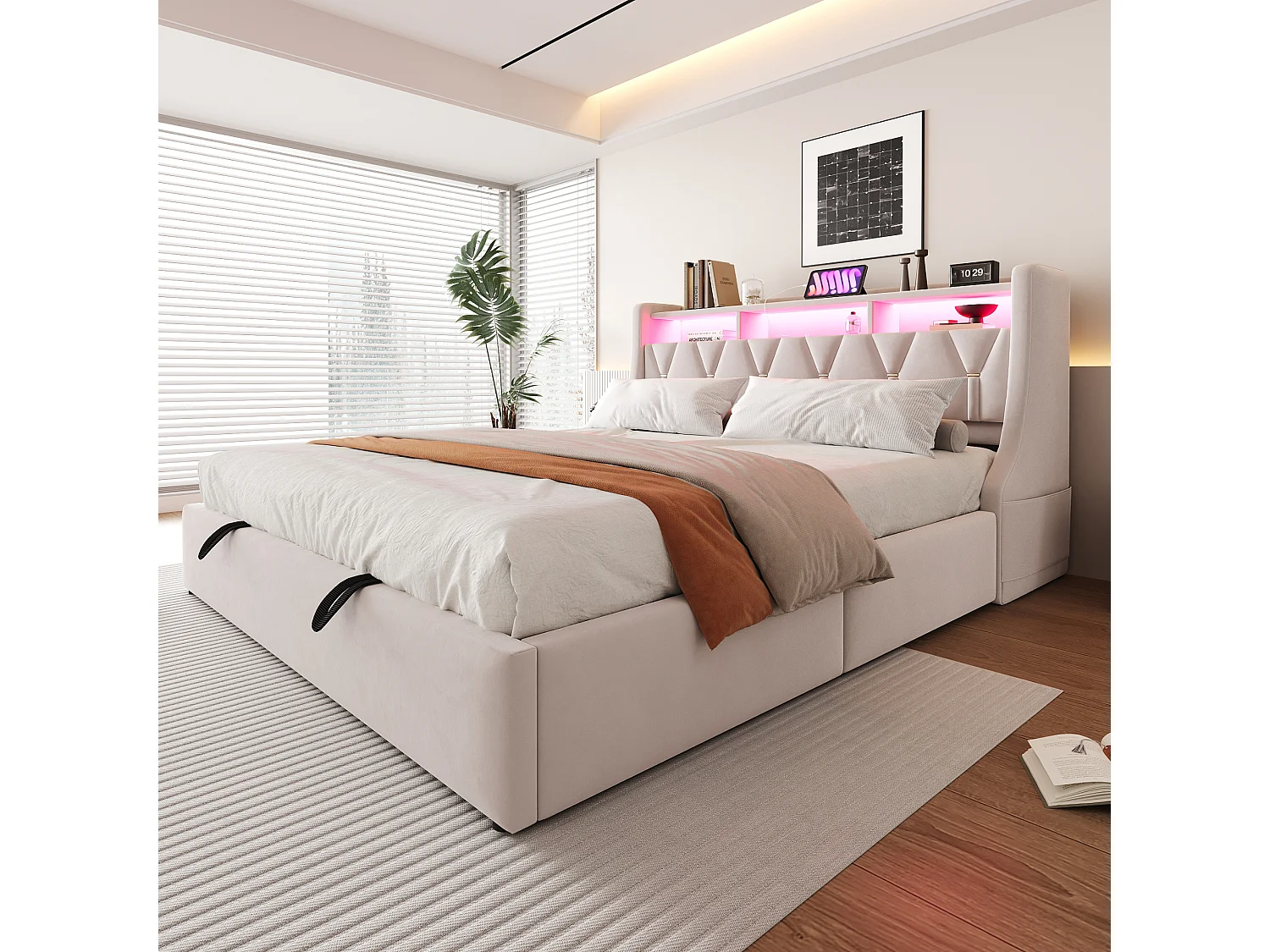Lit coffre rembourré 180x200 cm - Tête de lit rabattable - Avec prise électrique - Avec éclairage LED - Velours - Beige (matelas non inclus)