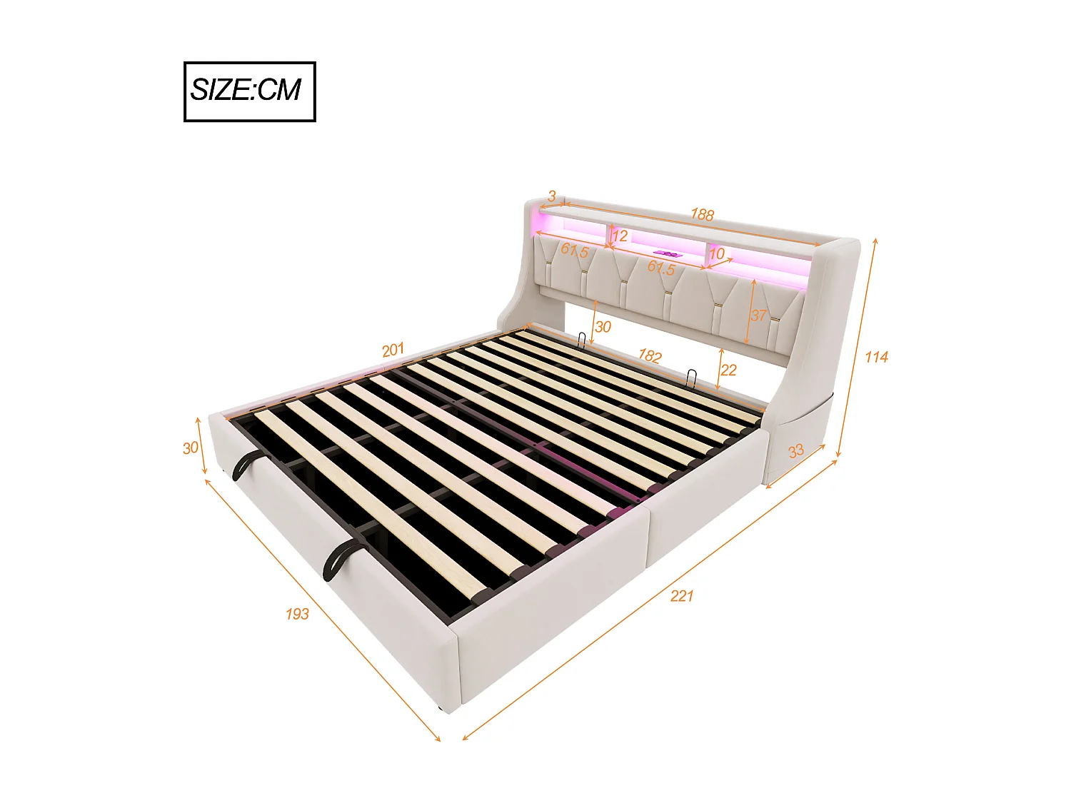 Lit coffre rembourré 180x200 cm - Tête de lit rabattable - Avec prise électrique - Avec éclairage LED - Velours - Beige (matelas non inclus)