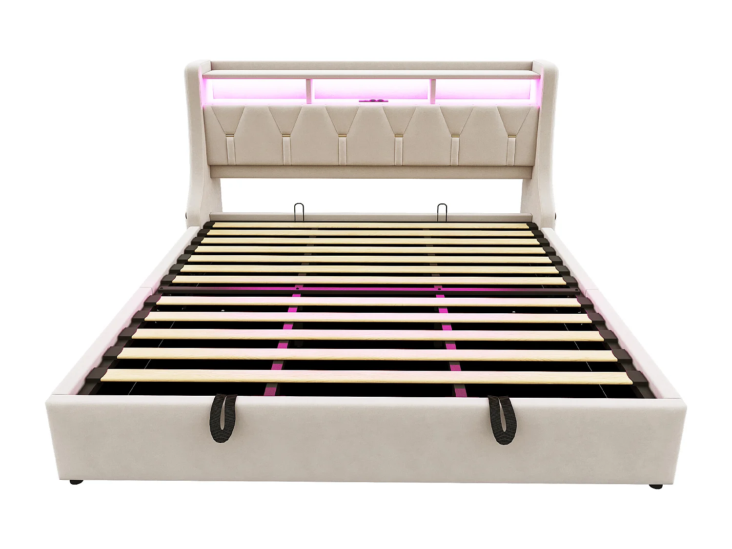 Lit coffre rembourré 180x200 cm - Tête de lit rabattable - Avec prise électrique - Avec éclairage LED - Velours - Beige (matelas non inclus)