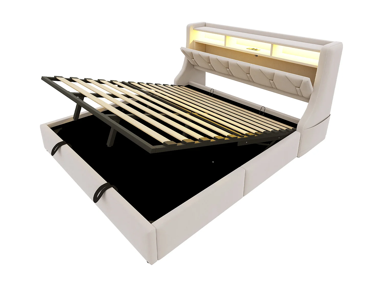 Lit coffre rembourré 180x200 cm - Tête de lit rabattable - Avec prise électrique - Avec éclairage LED - Velours - Beige (matelas non inclus)