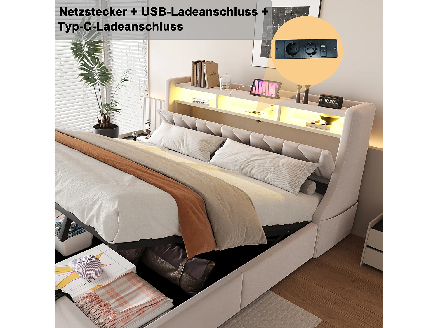 Lit coffre rembourré 180x200 cm - Tête de lit rabattable - Avec prise électrique - Avec éclairage LED - Velours - Beige (matelas non inclus)