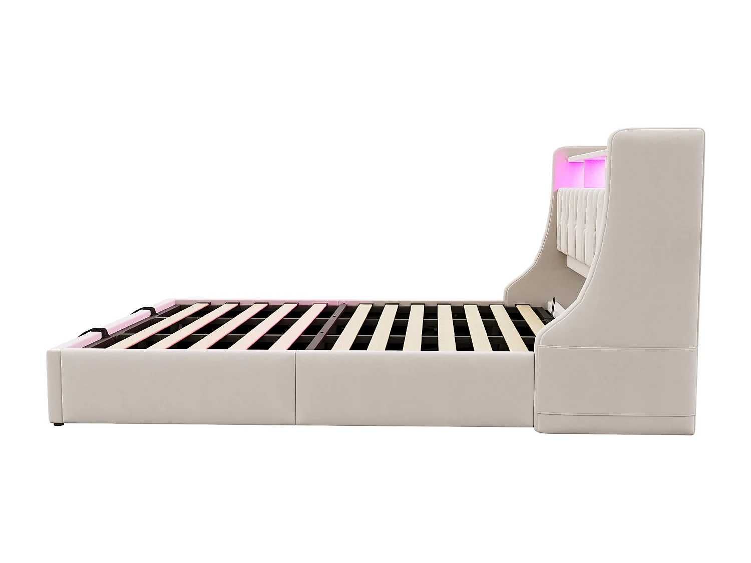 Lit coffre rembourré 180x200 cm - Tête de lit rabattable - Avec prise électrique - Avec éclairage LED - Velours - Beige (matelas non inclus)