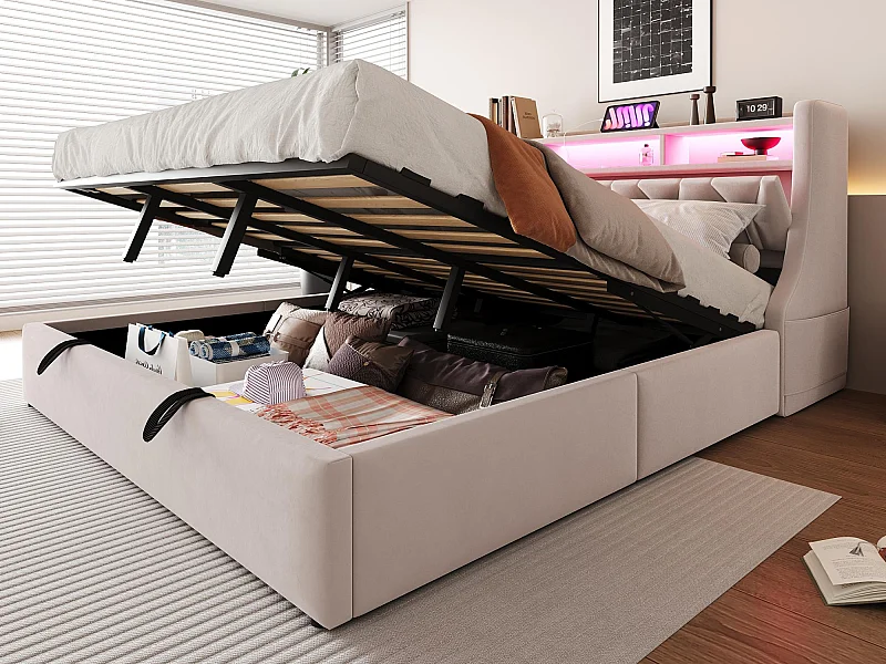 Lit coffre rembourré 180x200 cm - Tête de lit rabattable - Avec prise électrique - Avec éclairage LED - Velours - Beige (matelas non inclus)