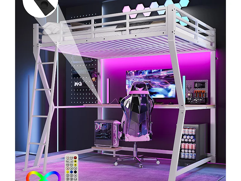 Hoogbed 140×200 cm - met LED-verlichting - met bureau - stopcontact + USB - met trap - wit