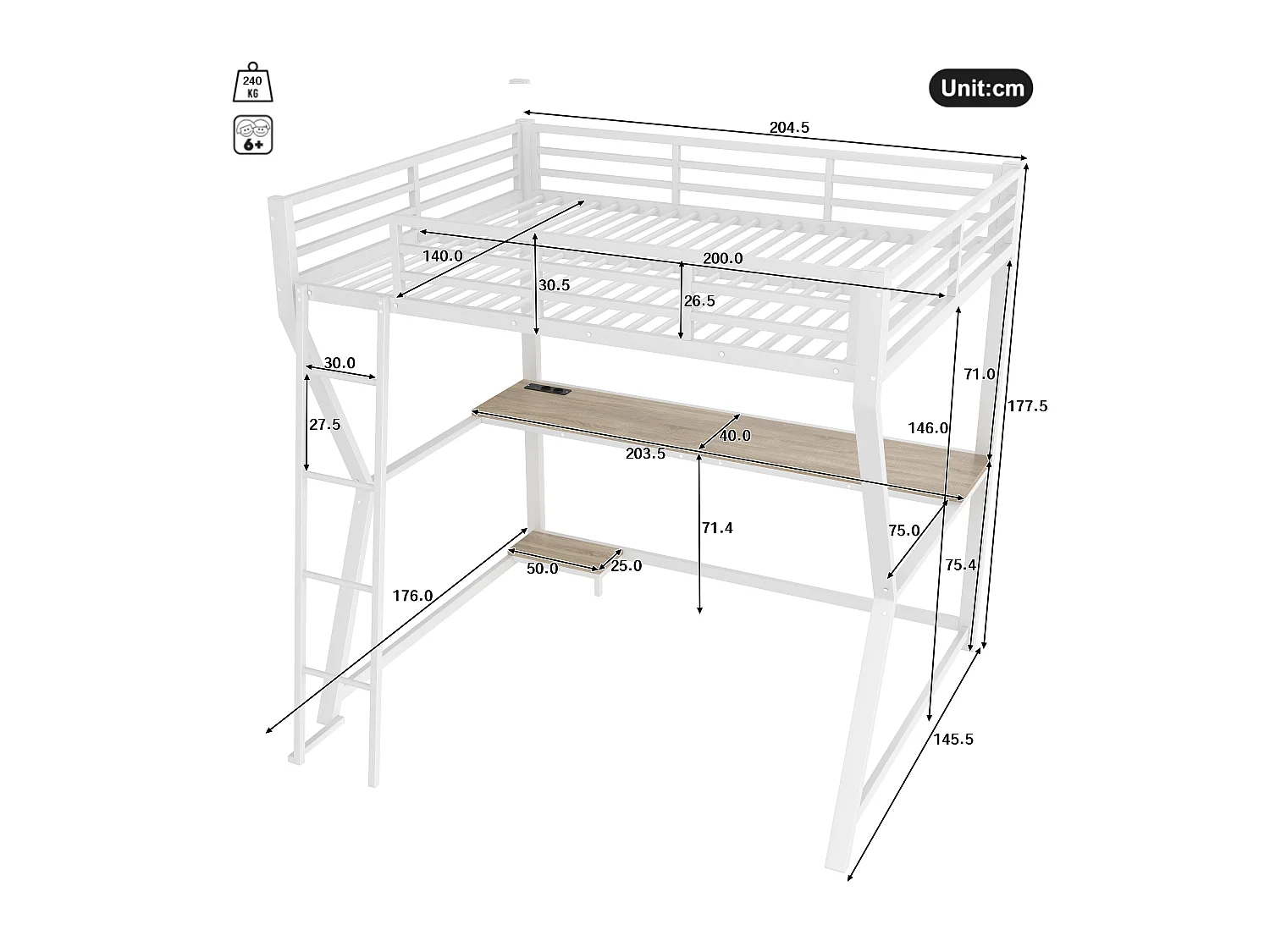 Lit mezzanine 140x200 cm - avec éclairage LED - avec bureau - prise de courant + USB - avec escalier - blanc