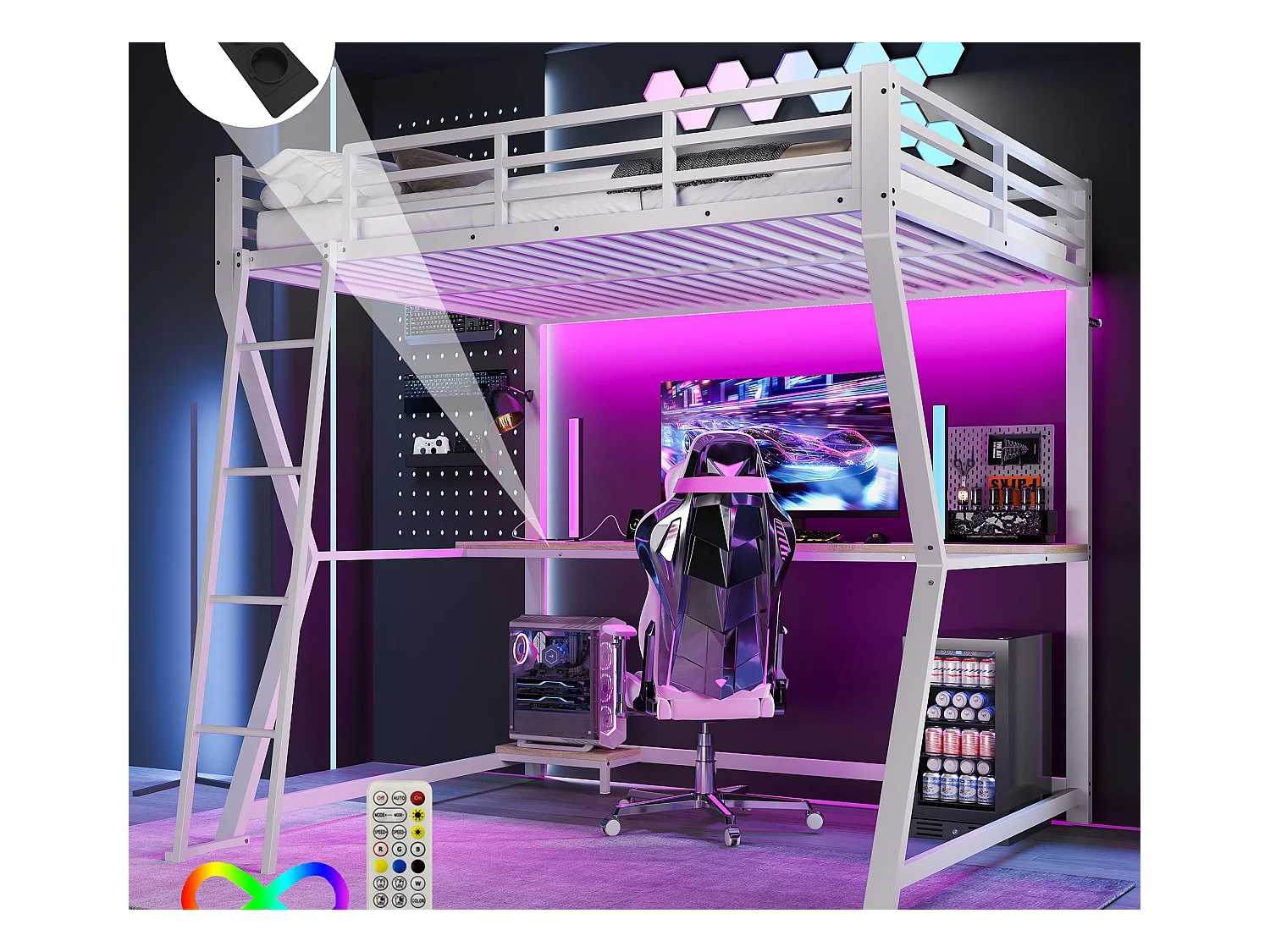 Lit mezzanine 140x200 cm - avec éclairage LED - avec bureau - prise de courant + USB - avec escalier - blanc