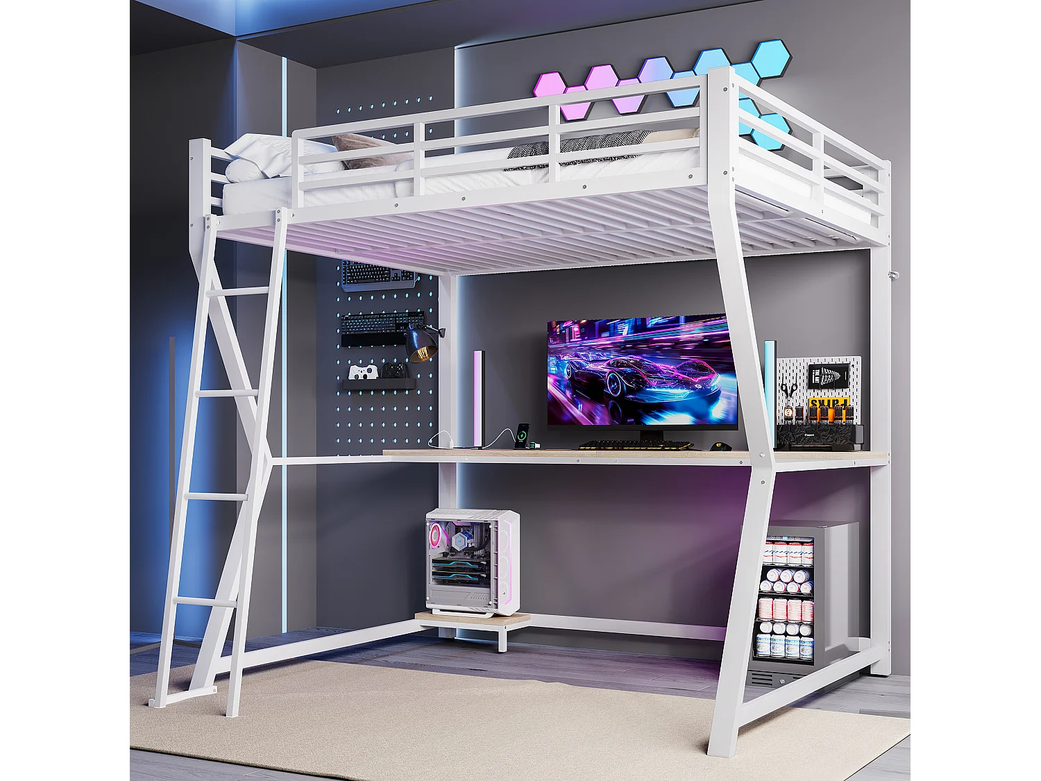 Lit mezzanine 140x200 cm - avec éclairage LED - avec bureau - prise de courant + USB - avec escalier - blanc