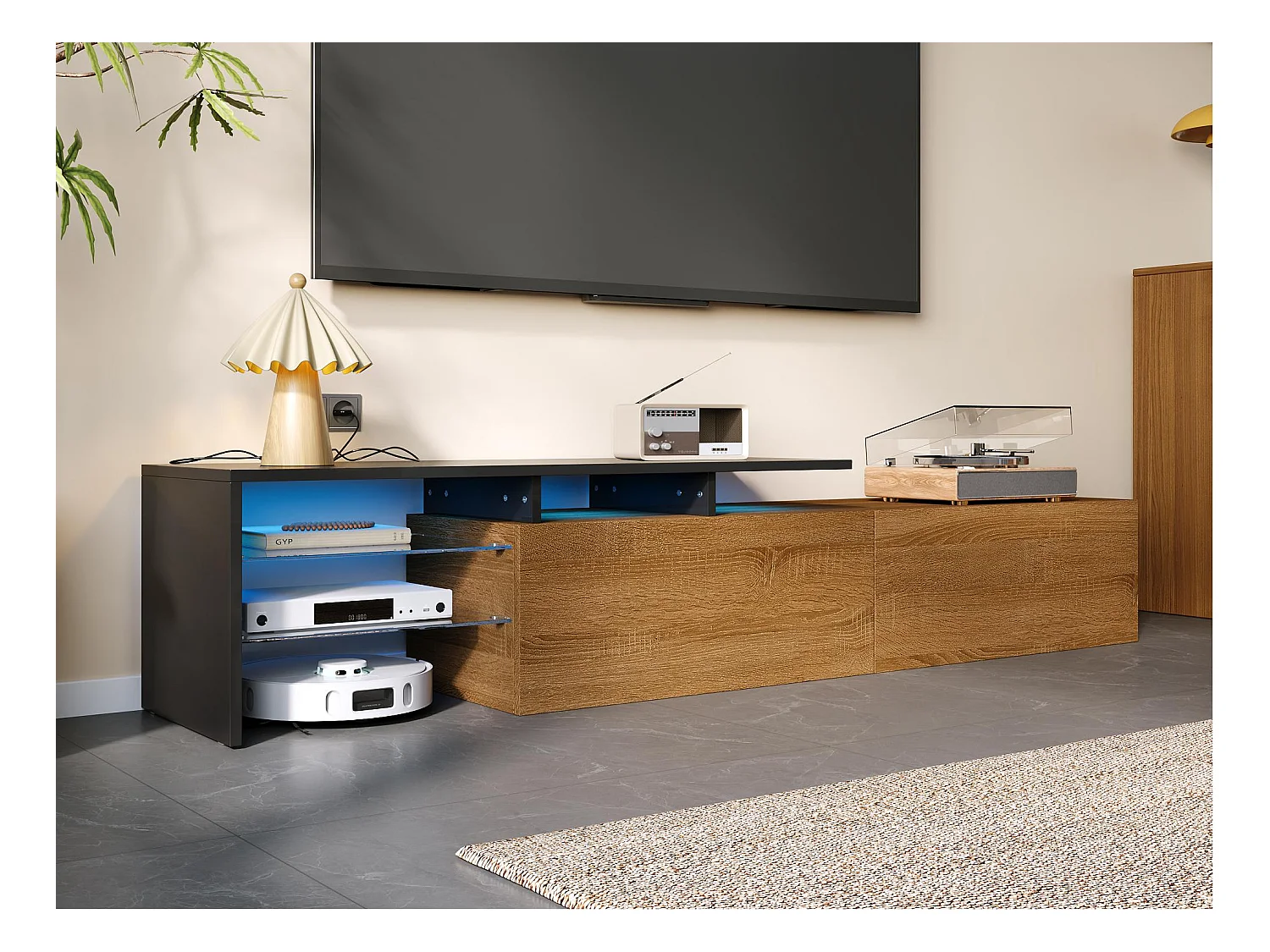 Meuble TV moderne 170x33x33.5 cm - avec éclairage LED - 2 tiroirs - Étagères en verre - aspect bois - naturel + noir