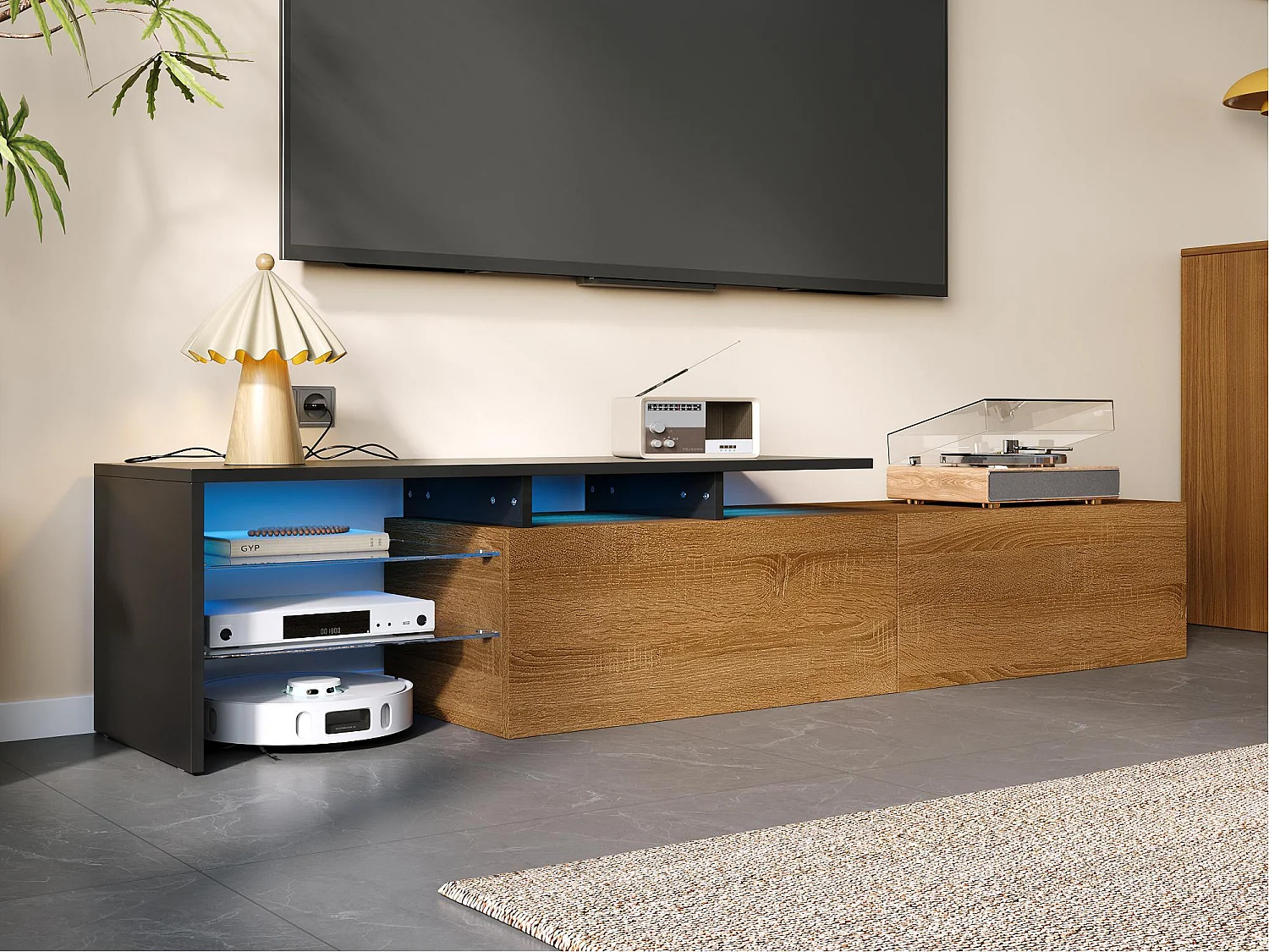 Meuble TV moderne 170x33x33.5 cm - avec éclairage LED - 2 tiroirs - Étagères en verre - aspect bois - naturel + noir