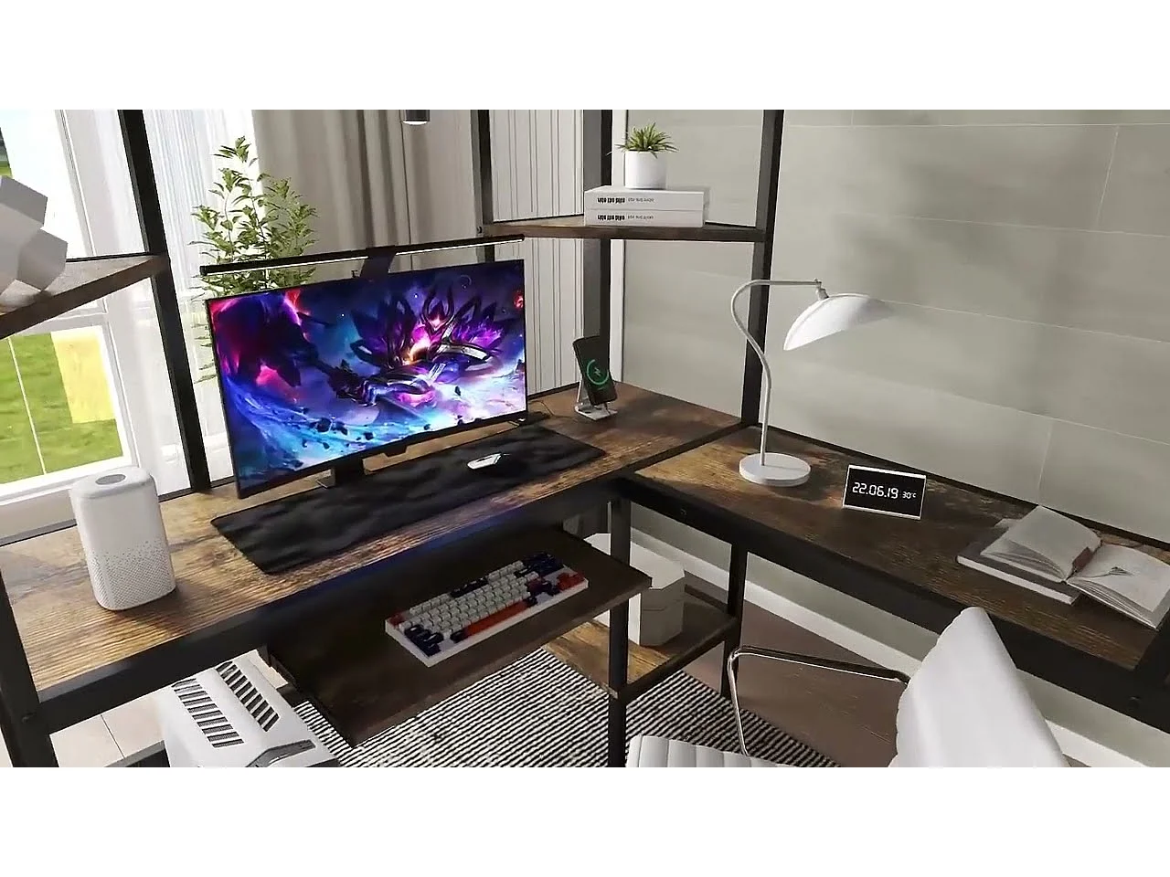 Hoogbed 120×200 cm - met oplaadpunt - met bureau en opbergplank - Metaal + MDF - zwart + naturel