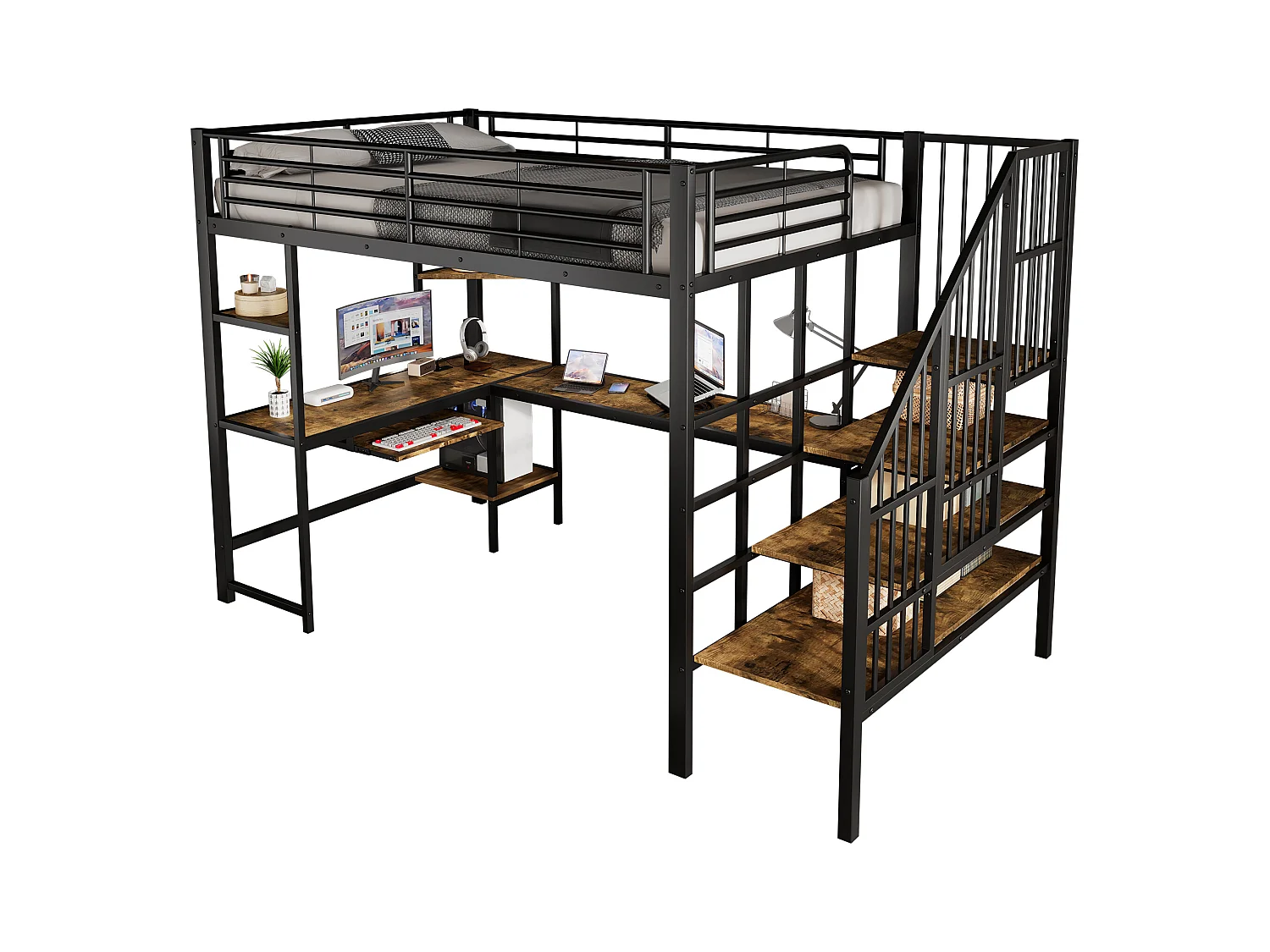 Hoogbed 120×200 cm - met oplaadpunt - met bureau en opbergplank - Metaal + MDF - zwart + naturel