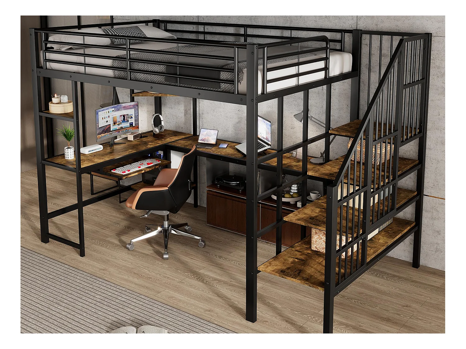 Hoogbed 120×200 cm - met oplaadpunt - met bureau en opbergplank - Metaal + MDF - zwart + naturel