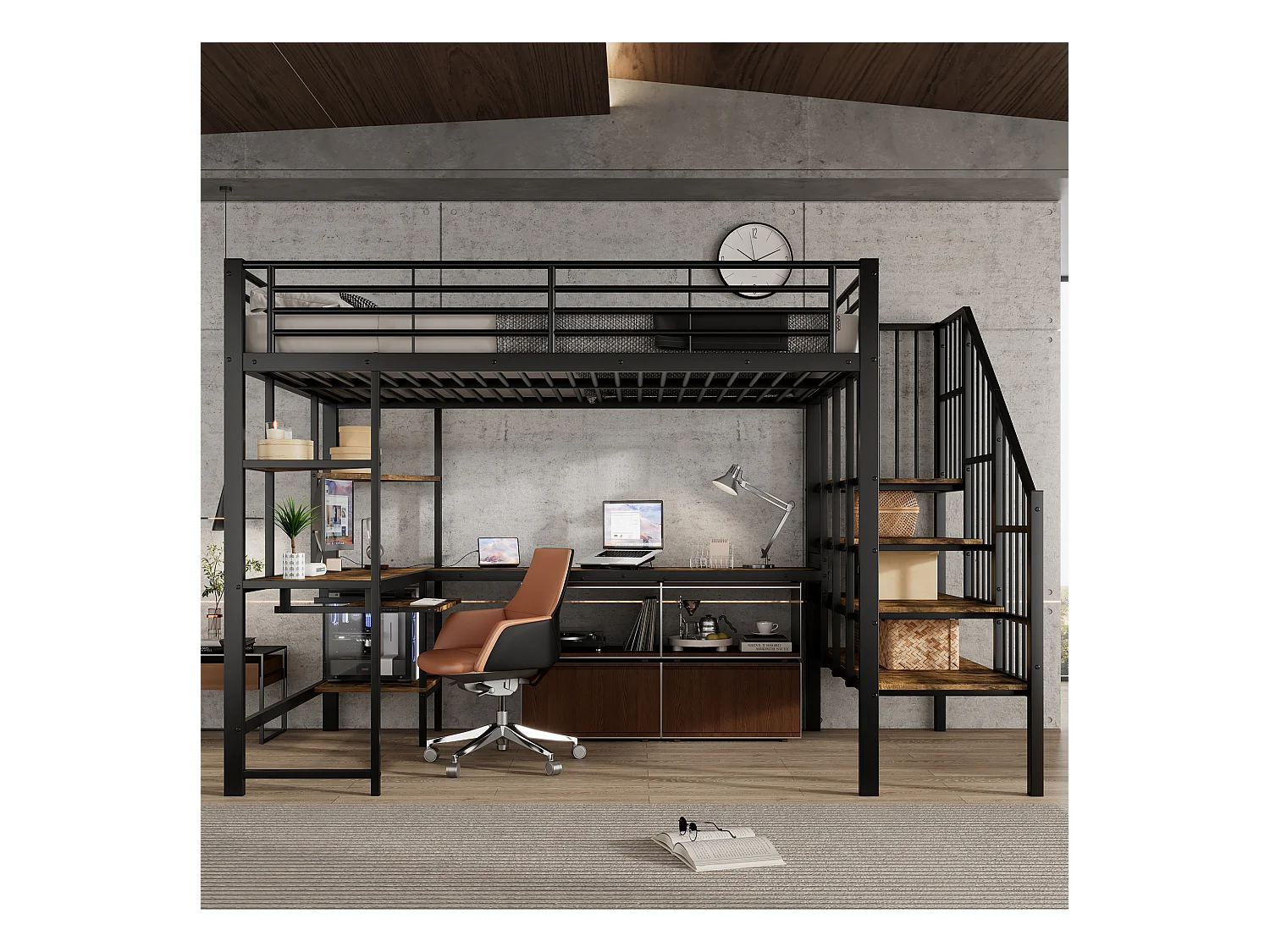 Hoogbed 120×200 cm - met oplaadpunt - met bureau en opbergplank - Metaal + MDF - zwart + naturel