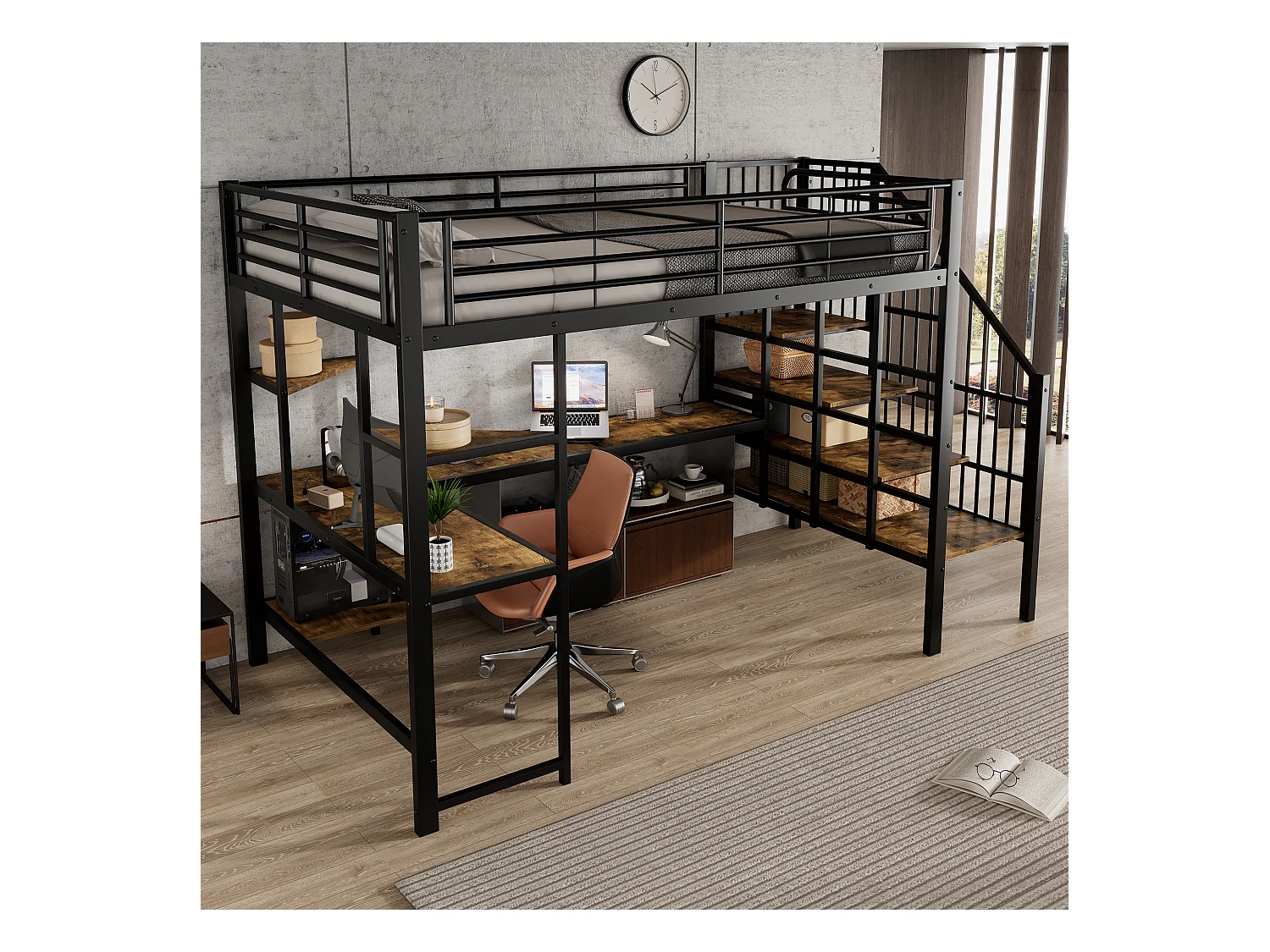 Hoogbed 120×200 cm - met oplaadpunt - met bureau en opbergplank - Metaal + MDF - zwart + naturel