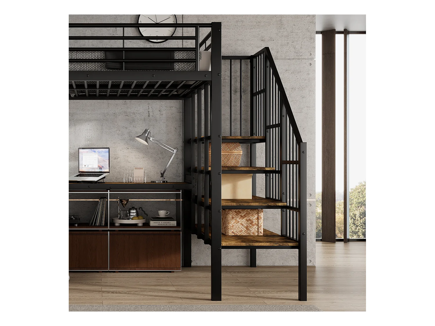 Hoogbed 120×200 cm - met oplaadpunt - met bureau en opbergplank - Metaal + MDF - zwart + naturel