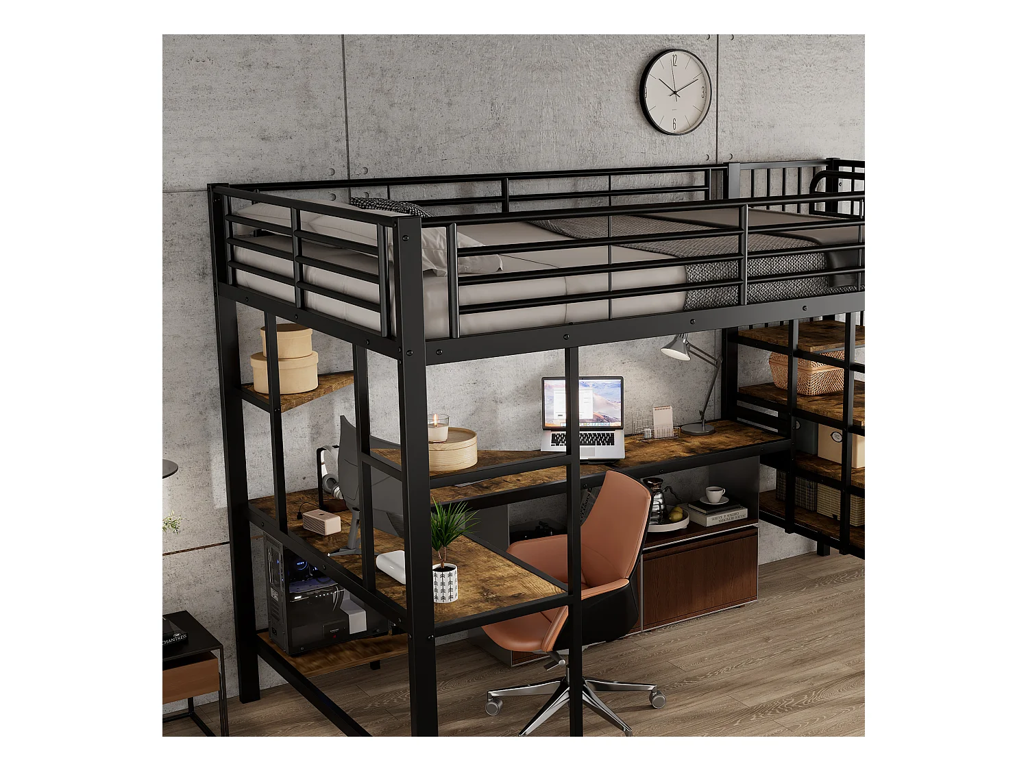 Hoogbed 120×200 cm - met oplaadpunt - met bureau en opbergplank - Metaal + MDF - zwart + naturel