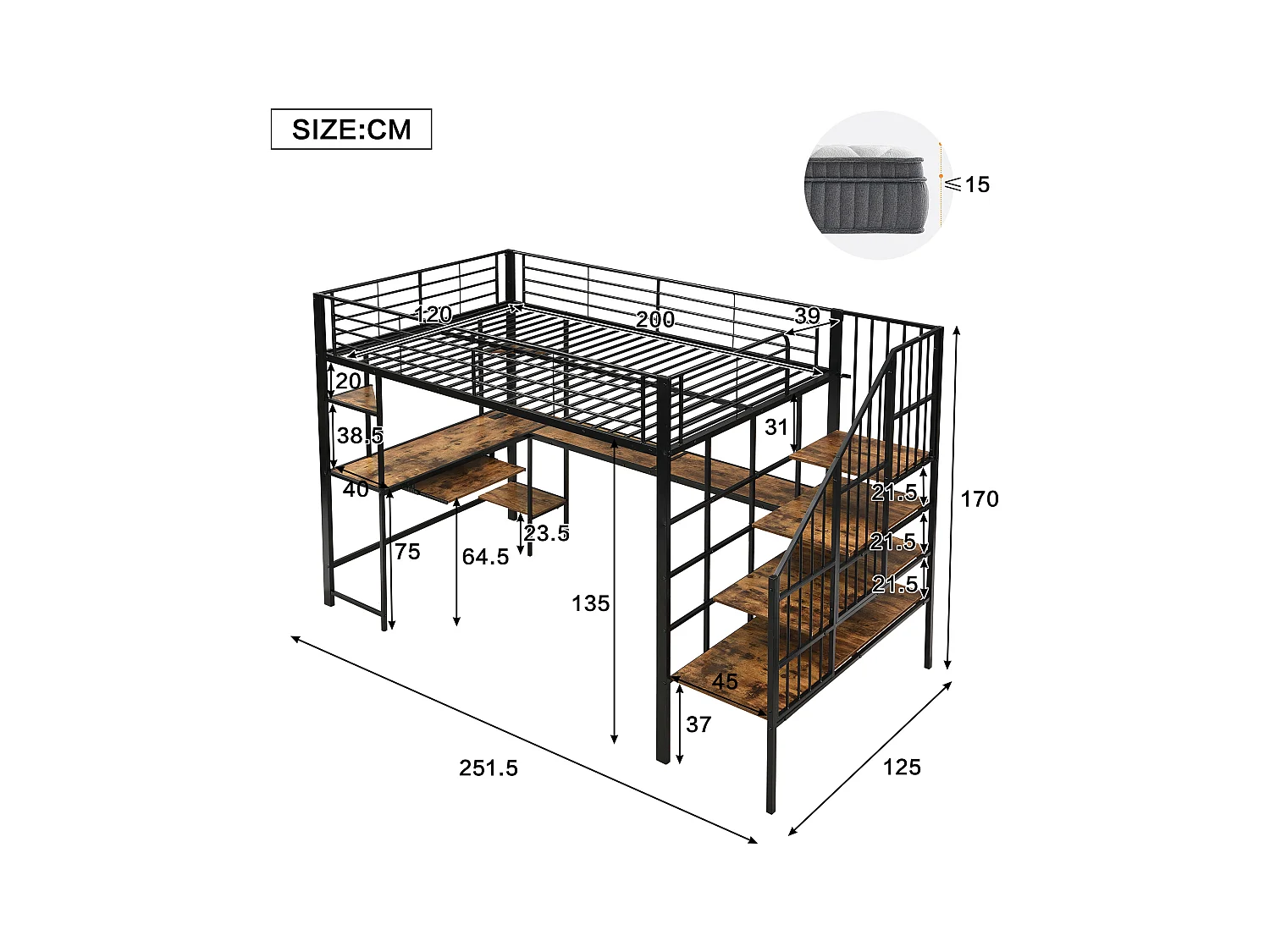 Hoogbed 120×200 cm - met oplaadpunt - met bureau en opbergplank - Metaal + MDF - zwart + naturel