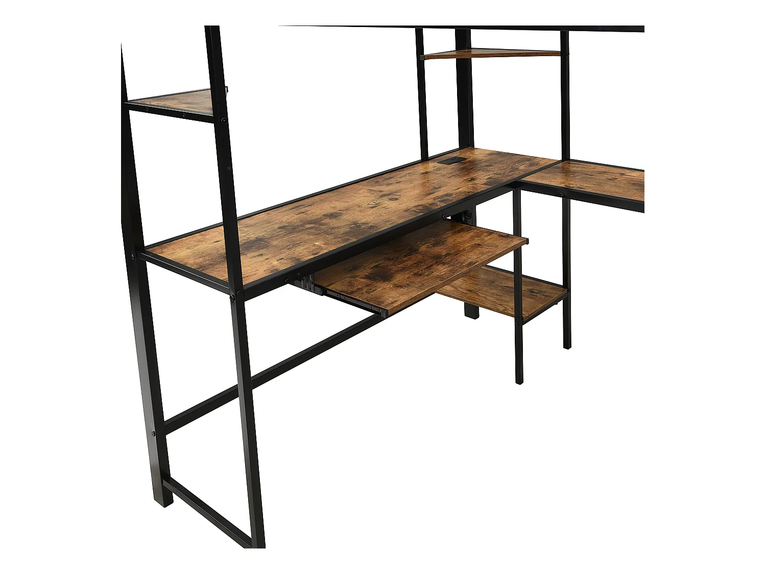 Hoogbed 120×200 cm - met oplaadpunt - met bureau en opbergplank - Metaal + MDF - zwart + naturel