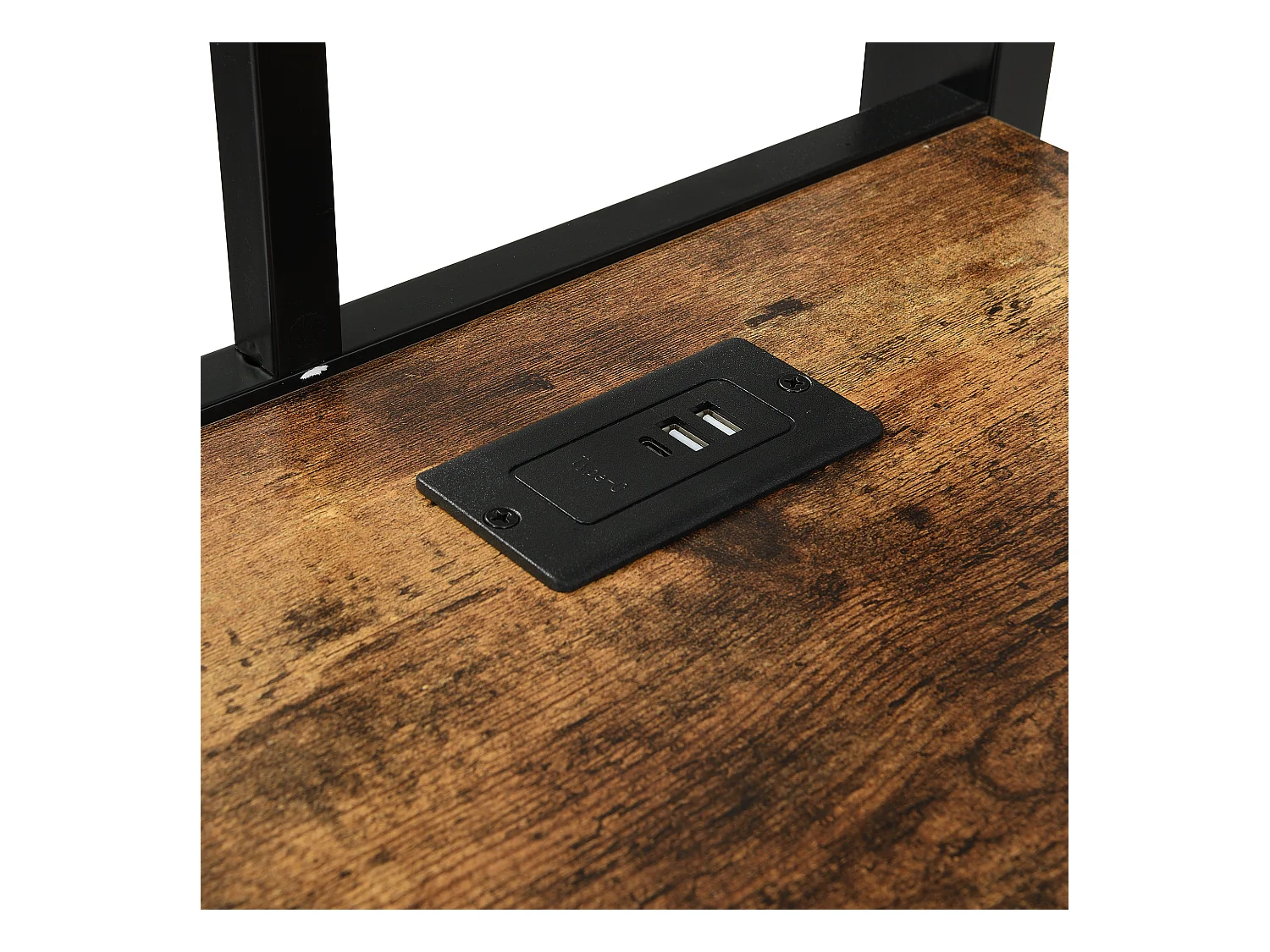 Hoogbed 120×200 cm - met oplaadpunt - met bureau en opbergplank - Metaal + MDF - zwart + naturel