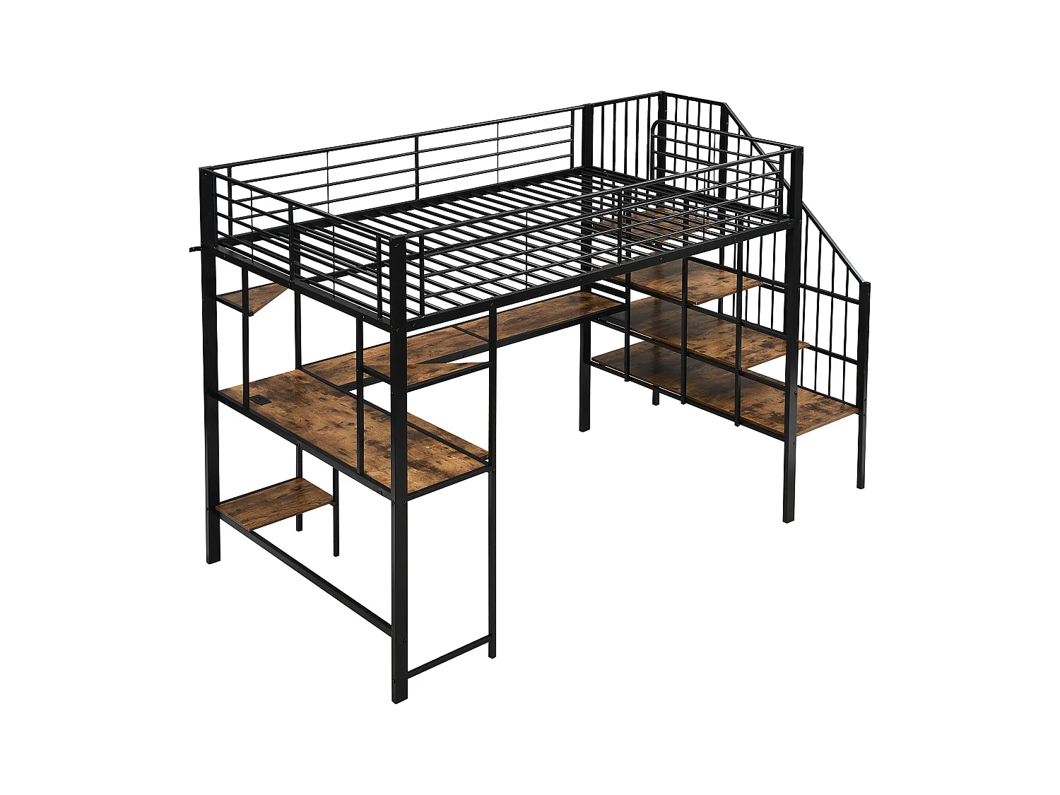 Hoogbed 120×200 cm - met oplaadpunt - met bureau en opbergplank - Metaal + MDF - zwart + naturel