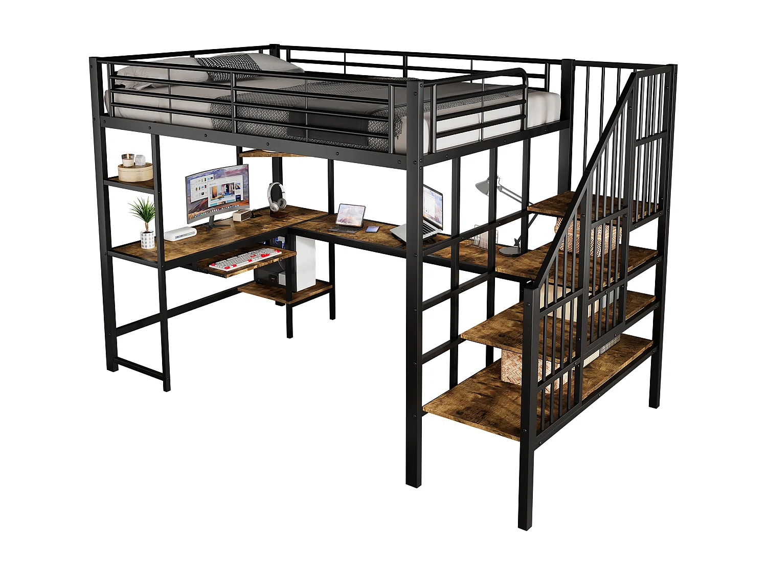 Hochbett 120×200 cm - mit Ladestation - mit Schreibtisch und Regal - Metall + MDF - schwarz + natur