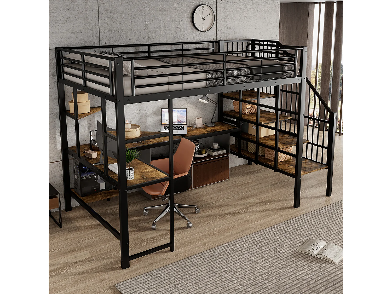 Hochbett 120×200 cm - mit Ladestation - mit Schreibtisch und Regal - Metall + MDF - schwarz + natur