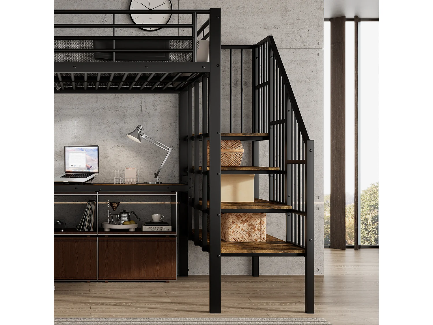 Hochbett 120×200 cm - mit Ladestation - mit Schreibtisch und Regal - Metall + MDF - schwarz + natur