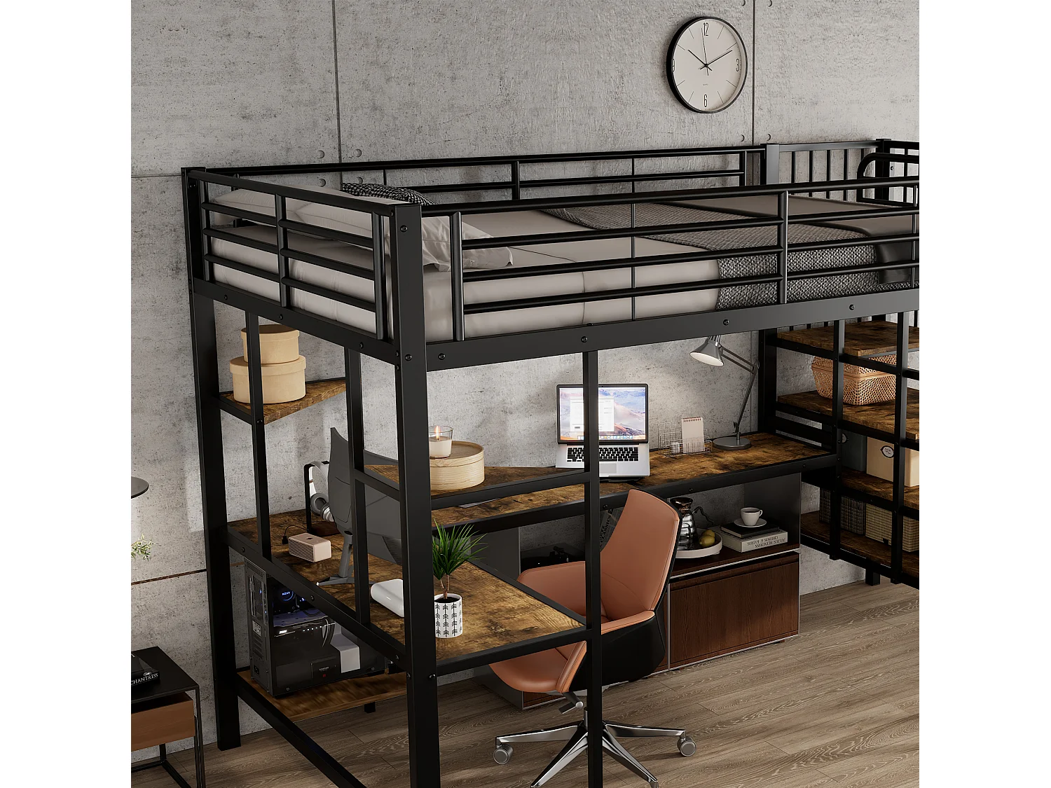 Hochbett 120×200 cm - mit Ladestation - mit Schreibtisch und Regal - Metall + MDF - schwarz + natur