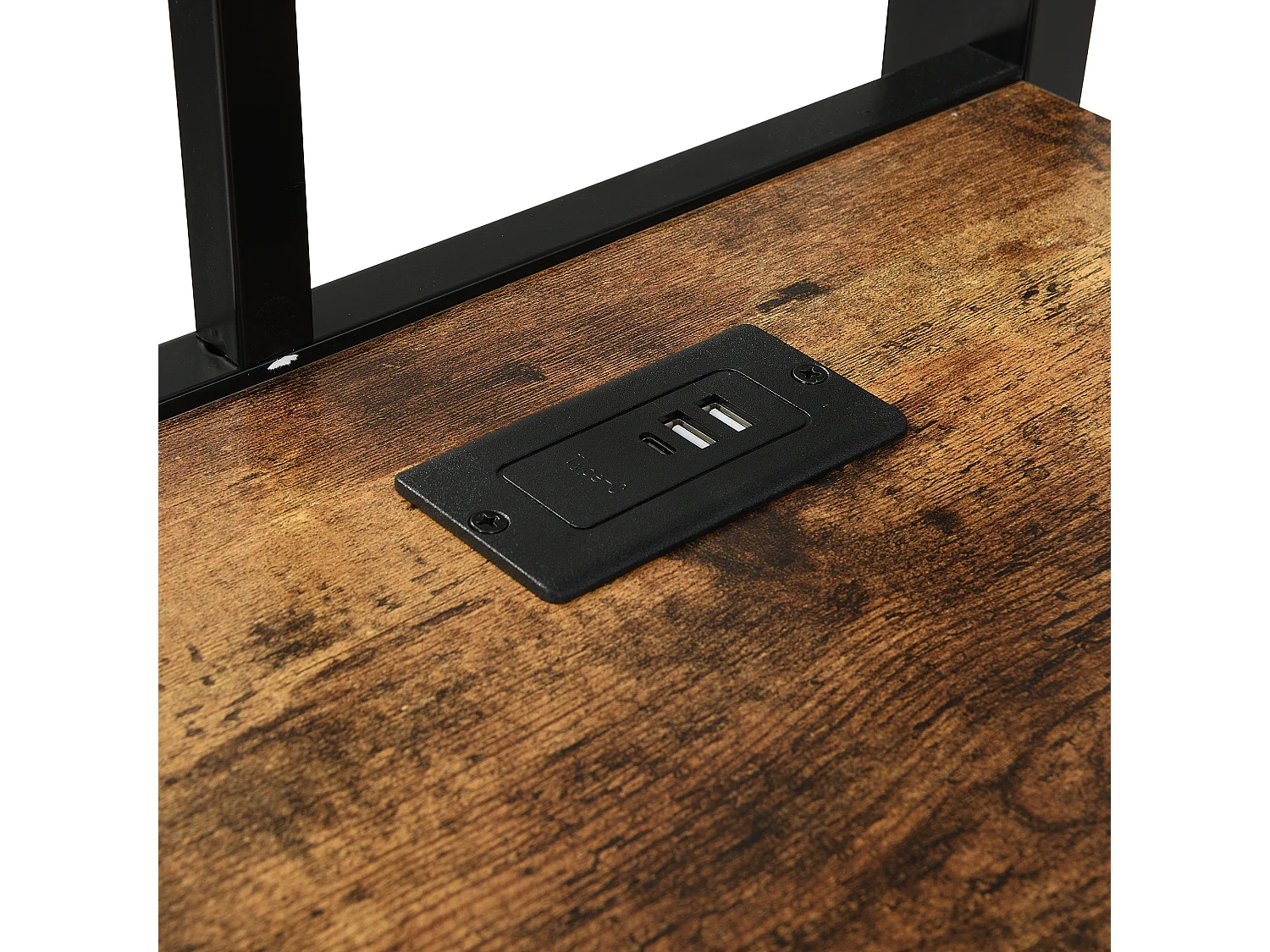 Hochbett 120×200 cm - mit Ladestation - mit Schreibtisch und Regal - Metall + MDF - schwarz + natur