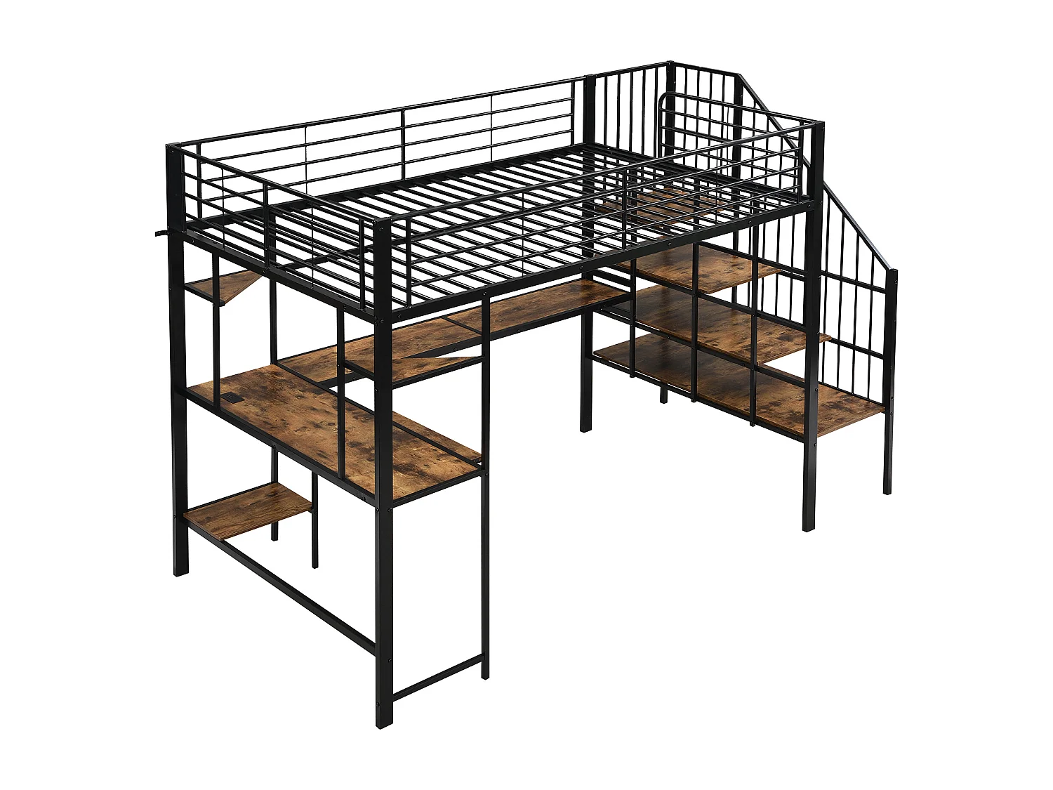 Hochbett 120×200 cm - mit Ladestation - mit Schreibtisch und Regal - Metall + MDF - schwarz + natur